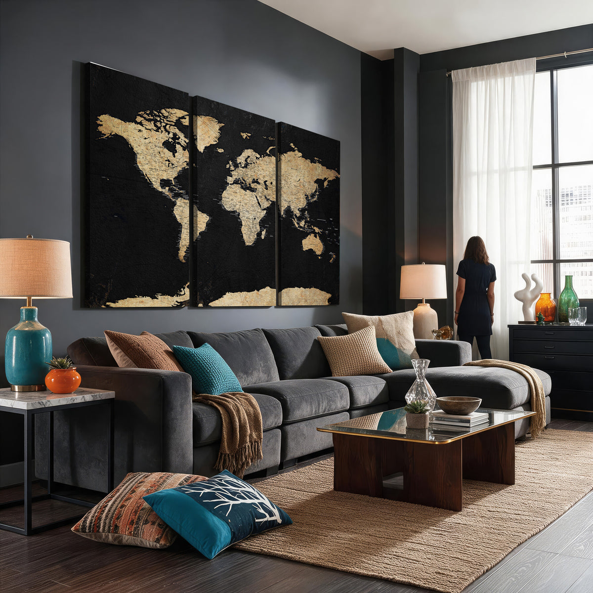 71518849-MGV-CV-36X24 - Beige World Map Canvas Wall Art Print, Minimal Black and