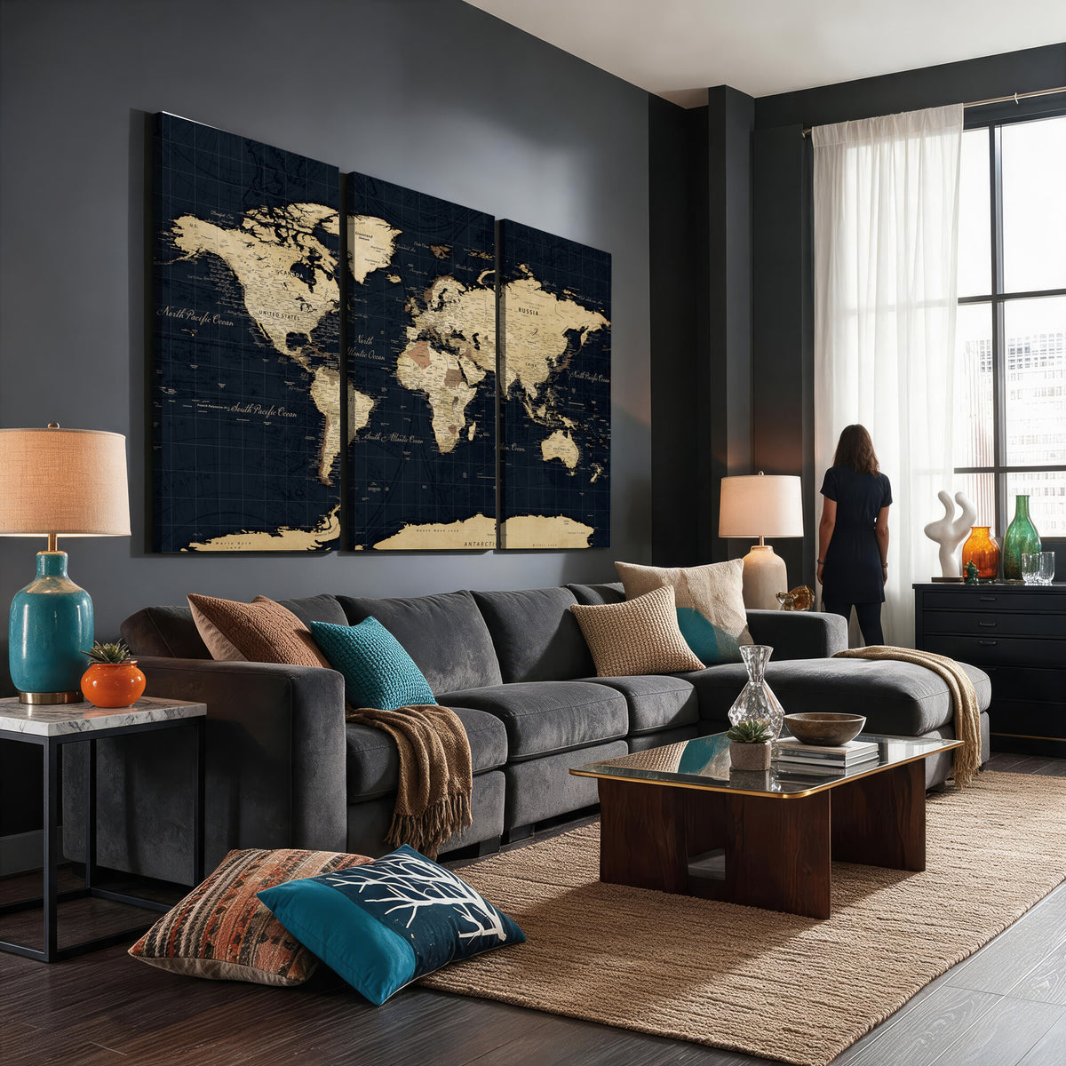 45063434-MGV-CV-36X24 - Dark World Map Canvas Wall Art Print, Minimal Black and Gold Map