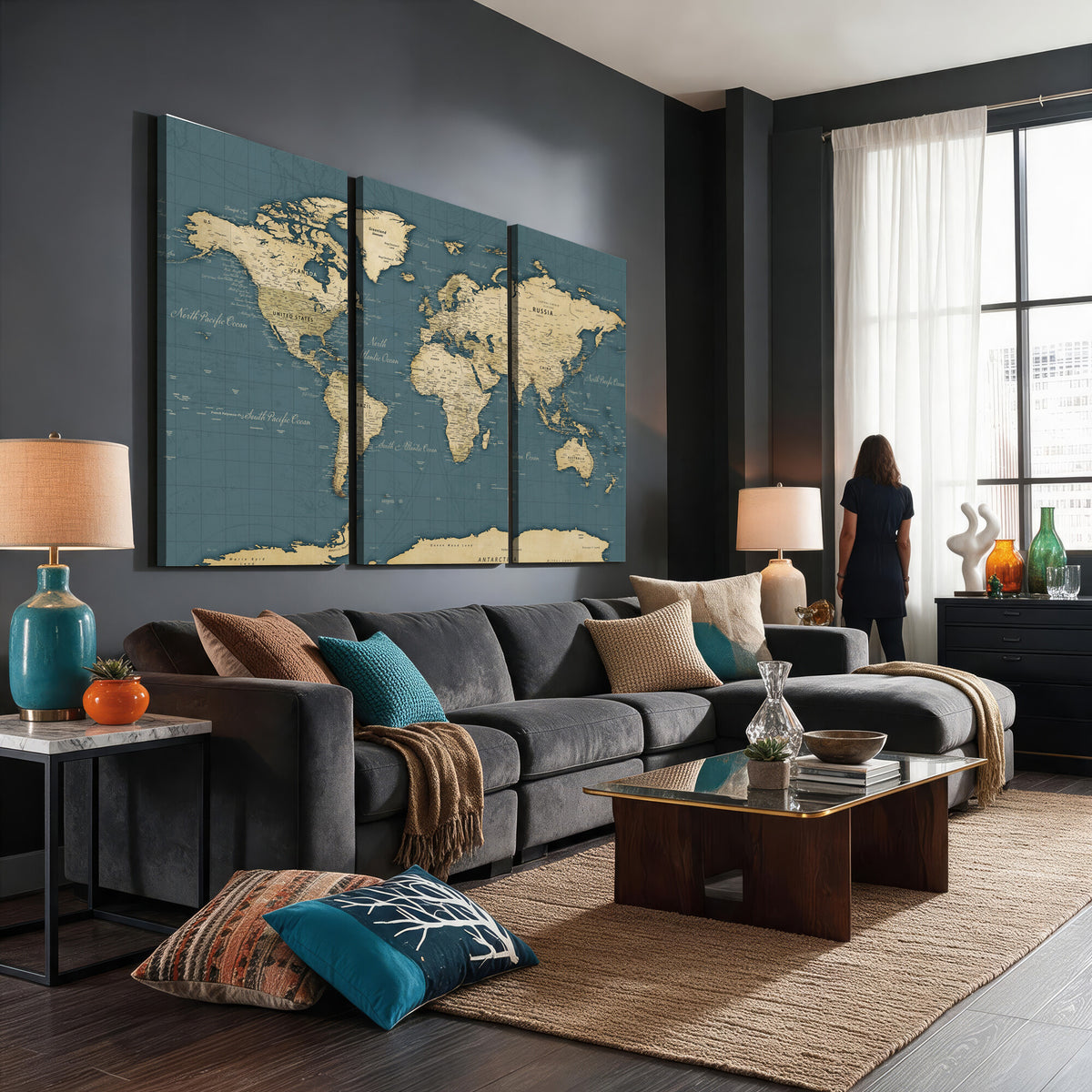 99599383-MGV-CV-36X24 - Minimal Vintage World Map Canvas Wall Art Print, Neutral