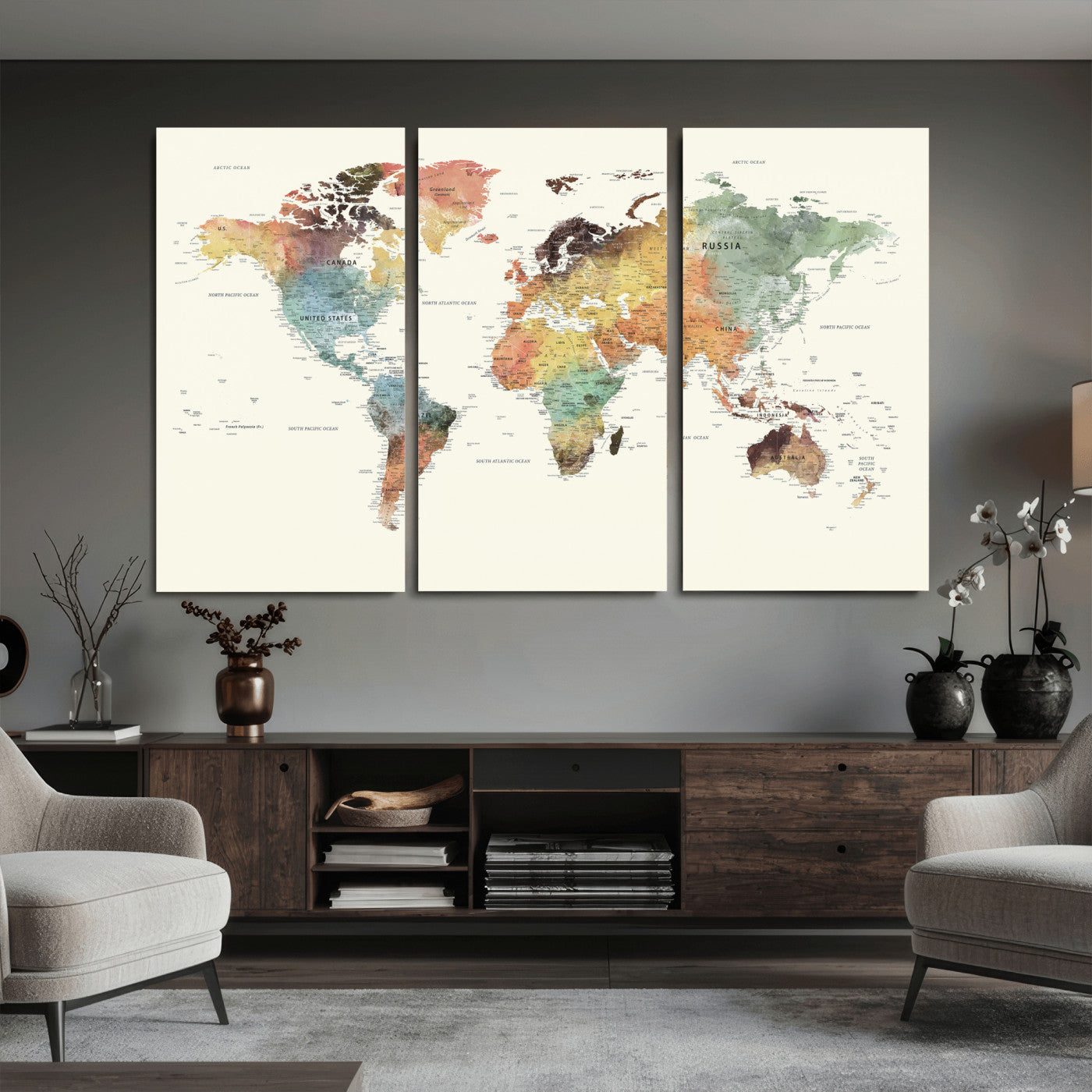 64206059-MGV-CV-36X24 - World Map Wall Art Canvas Print, Modern Decorative Framed Map Artwork Prints for Living Room, Office, Bedroom Wall Decor