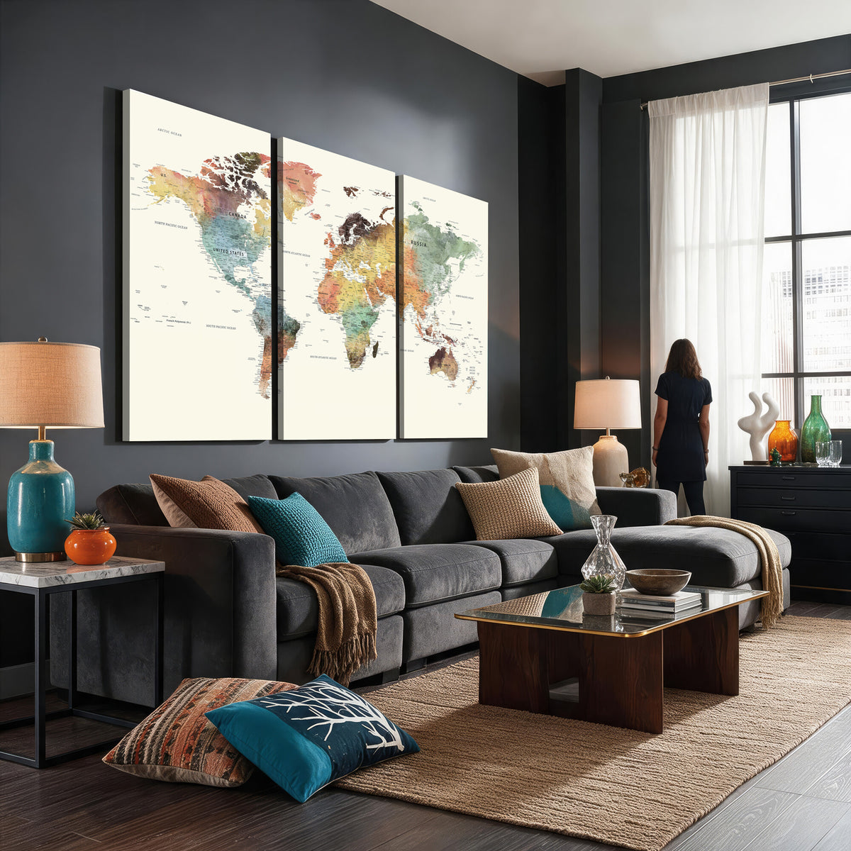 64206059-MGV-CV-36X24 - Framed World Map Wall Art Canvas Print for Living Room and Study Room