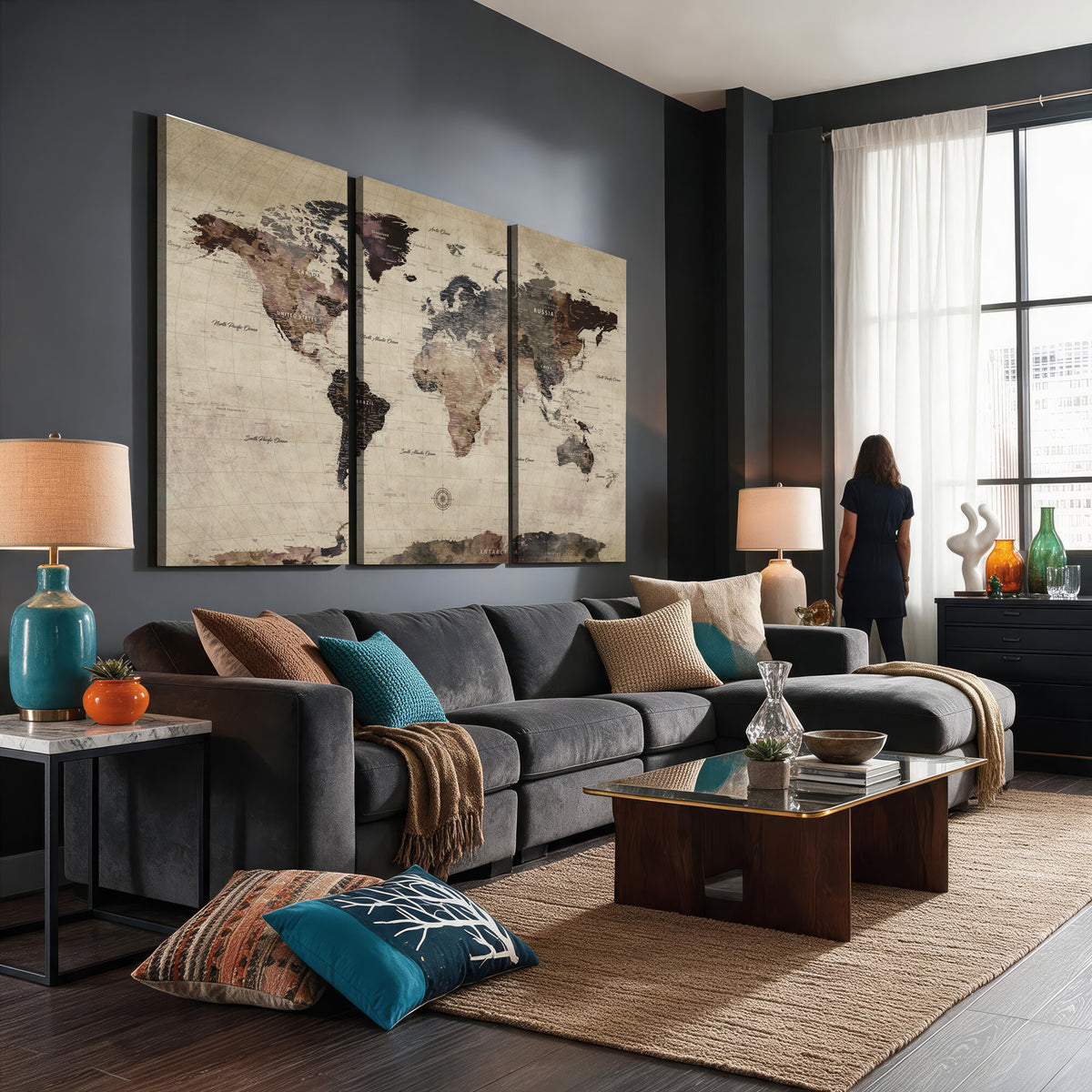 60560672-MGV-CV-36X24 - World Map Wall Art Canvas Print, Modern Decorative Framed Map Artwork Prints for Living Room, Office, Bedroom Wall Decor