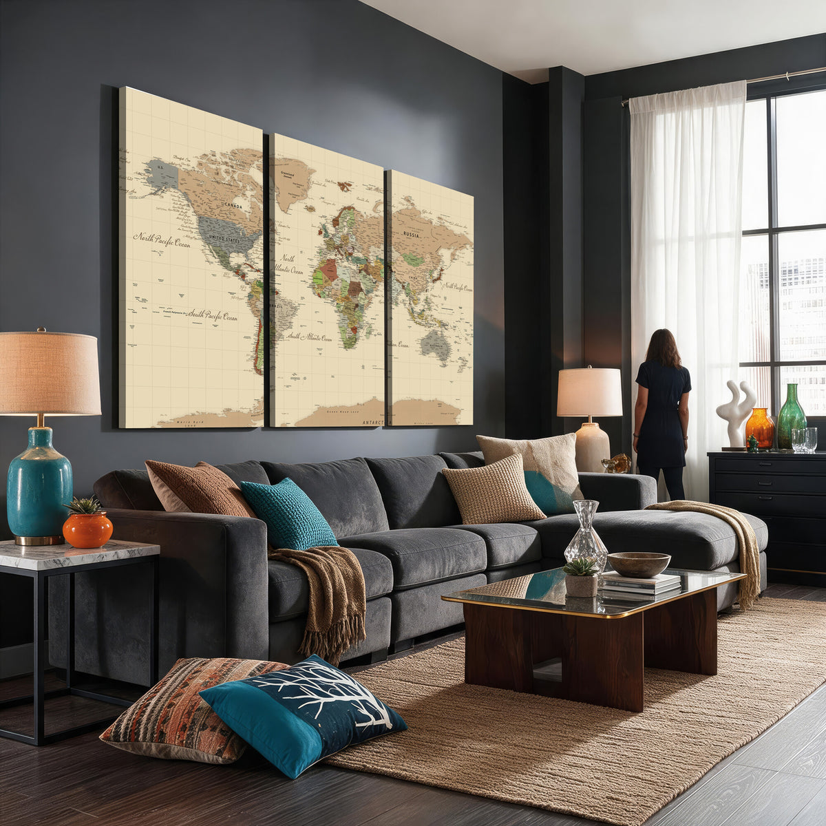 31407854-MGV-CV-36X24 - World Map Wall Art Canvas Print, Modern Decorative Framed Map Artwork Prints for Living Room, Office, Bedroom Wall Decor