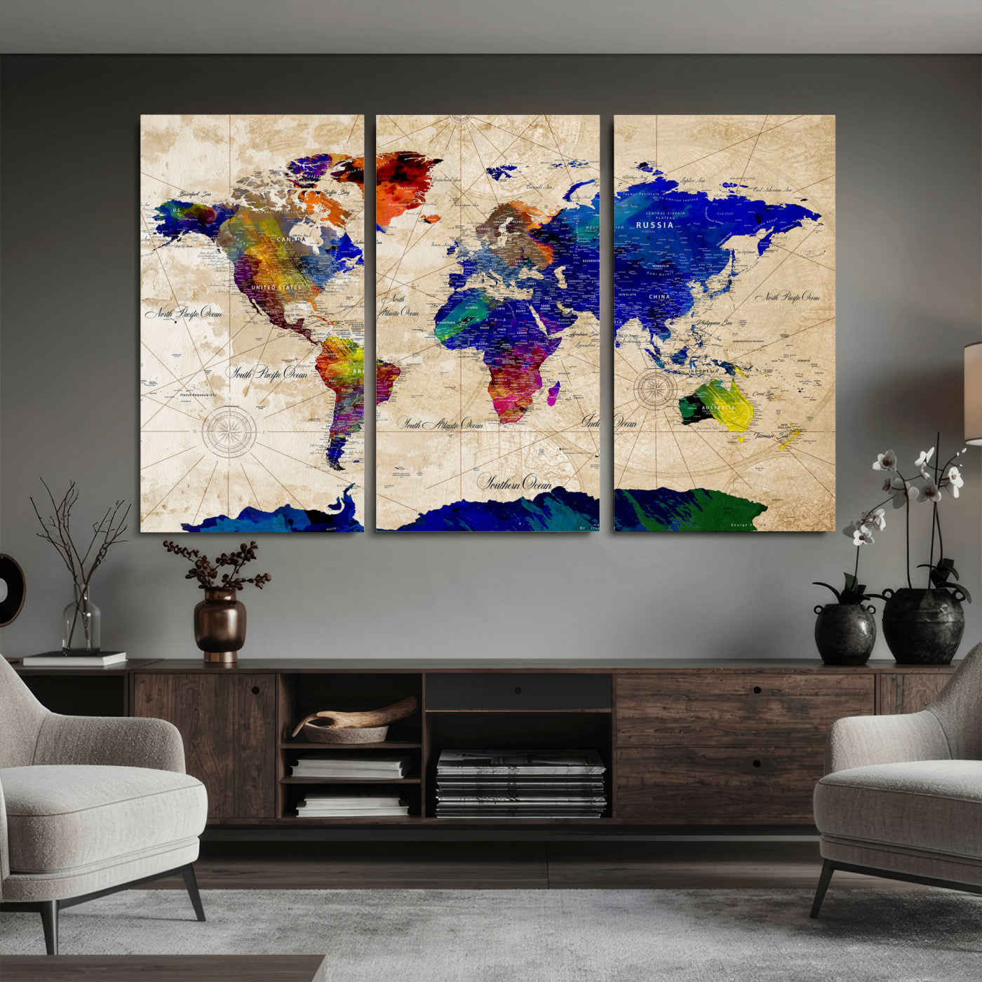 26284075-MGV-CV-36X24 - World Map Wall Art Canvas Print, Modern Decorative Framed Map Artwork Prints for Living Room, Office, Bedroom Wall Decor