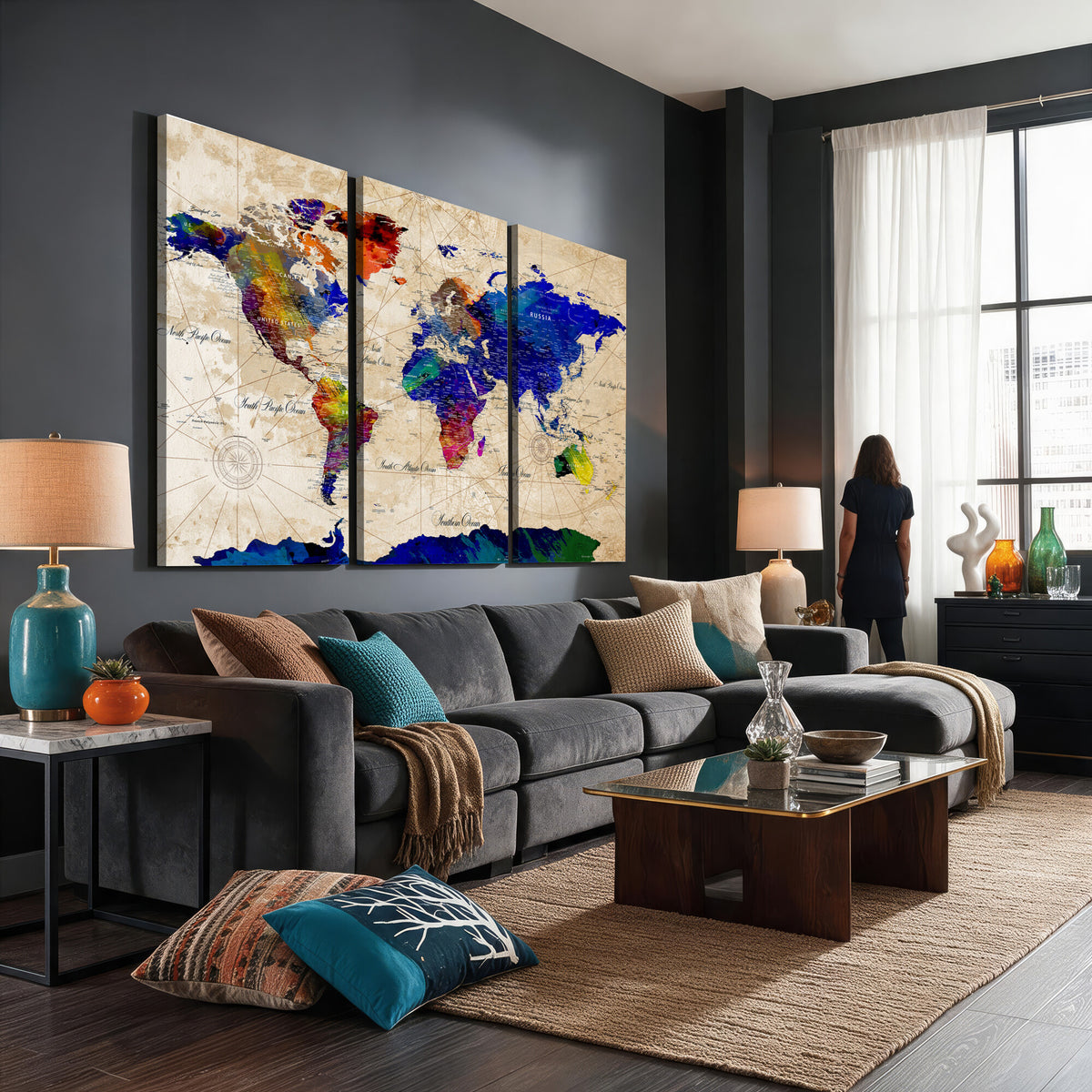 26284075-MGV-CV-36X24 - World Map Wall Art Canvas Print, Modern Decorative Framed Map Artwork Prints for Living Room, Office, Bedroom Wall Decor