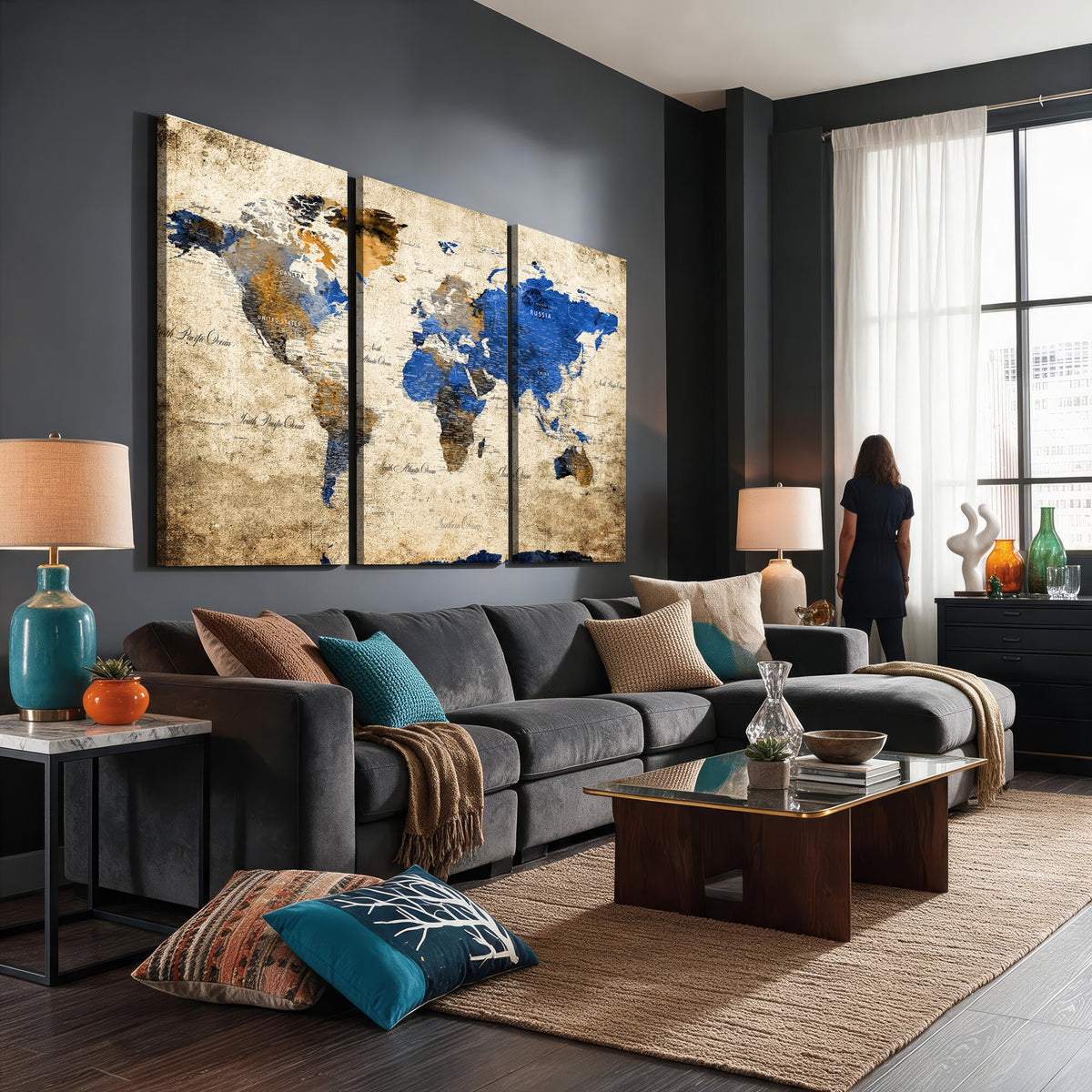 27314341-MGV-CV-36X24 - World Map Wall Art Canvas Print, Modern Decorative Framed Map Artwork Prints for Living Room, Office, Bedroom Wall Decor