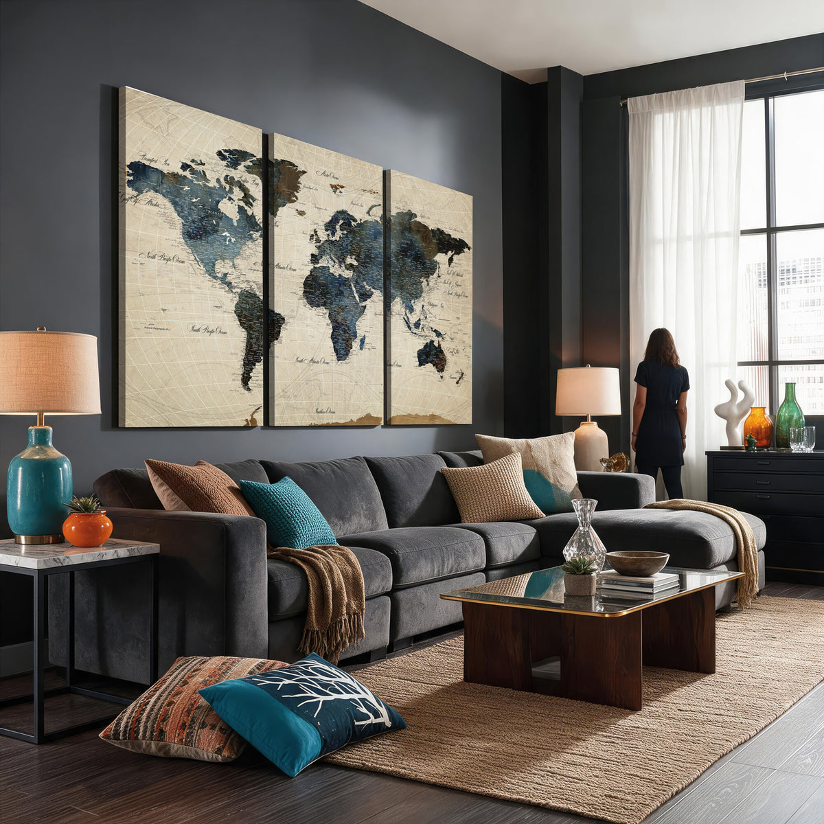 72927803-MGV-CV-36X24 - World Map Wall Art Canvas Print, Modern Decorative Framed Map Artwork Prints for Living Room, Office, Bedroom Wall Decor