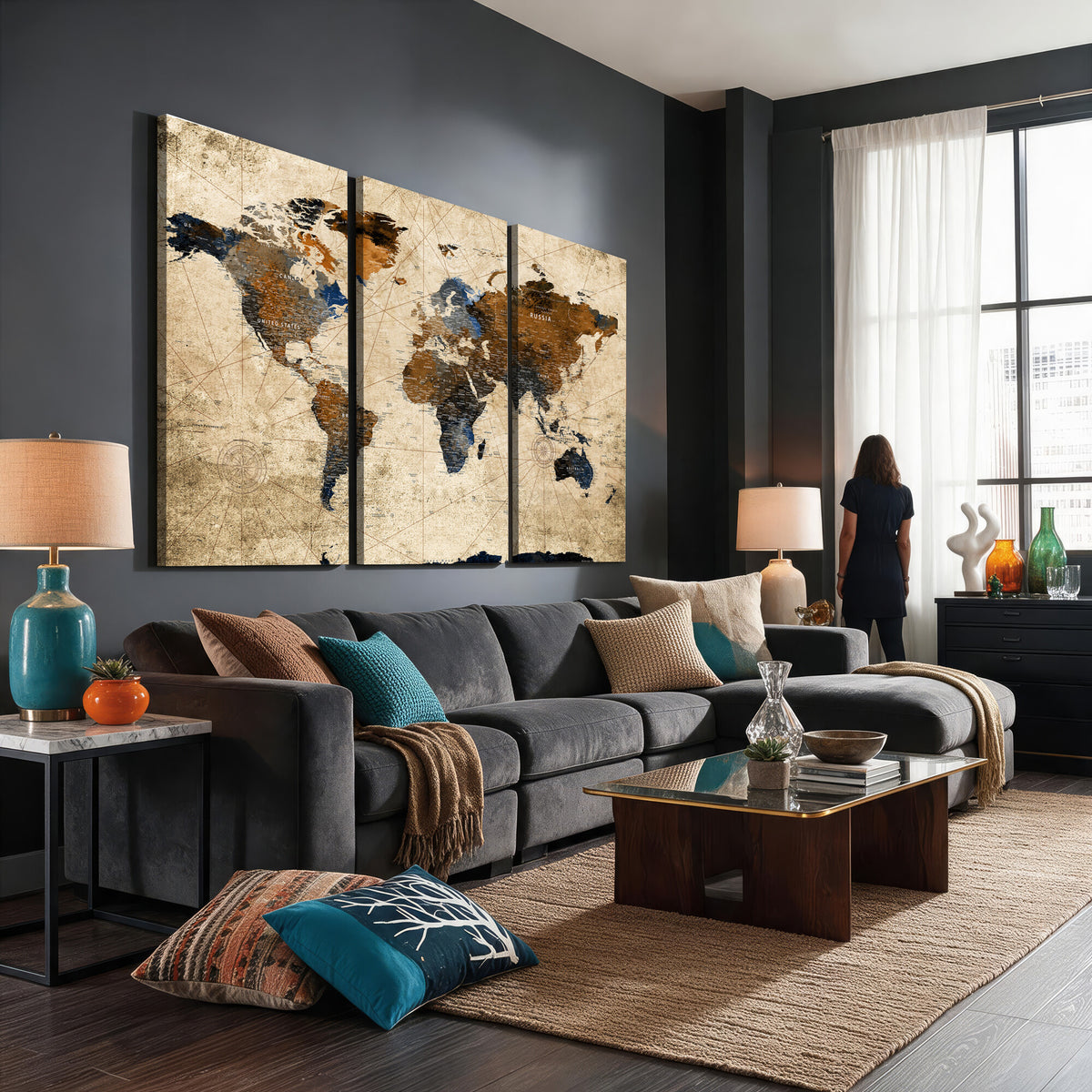27163414-MGV-CV-36X24 - World Map Wall Art – Rustic Earth Tone Canvas Print, Antique