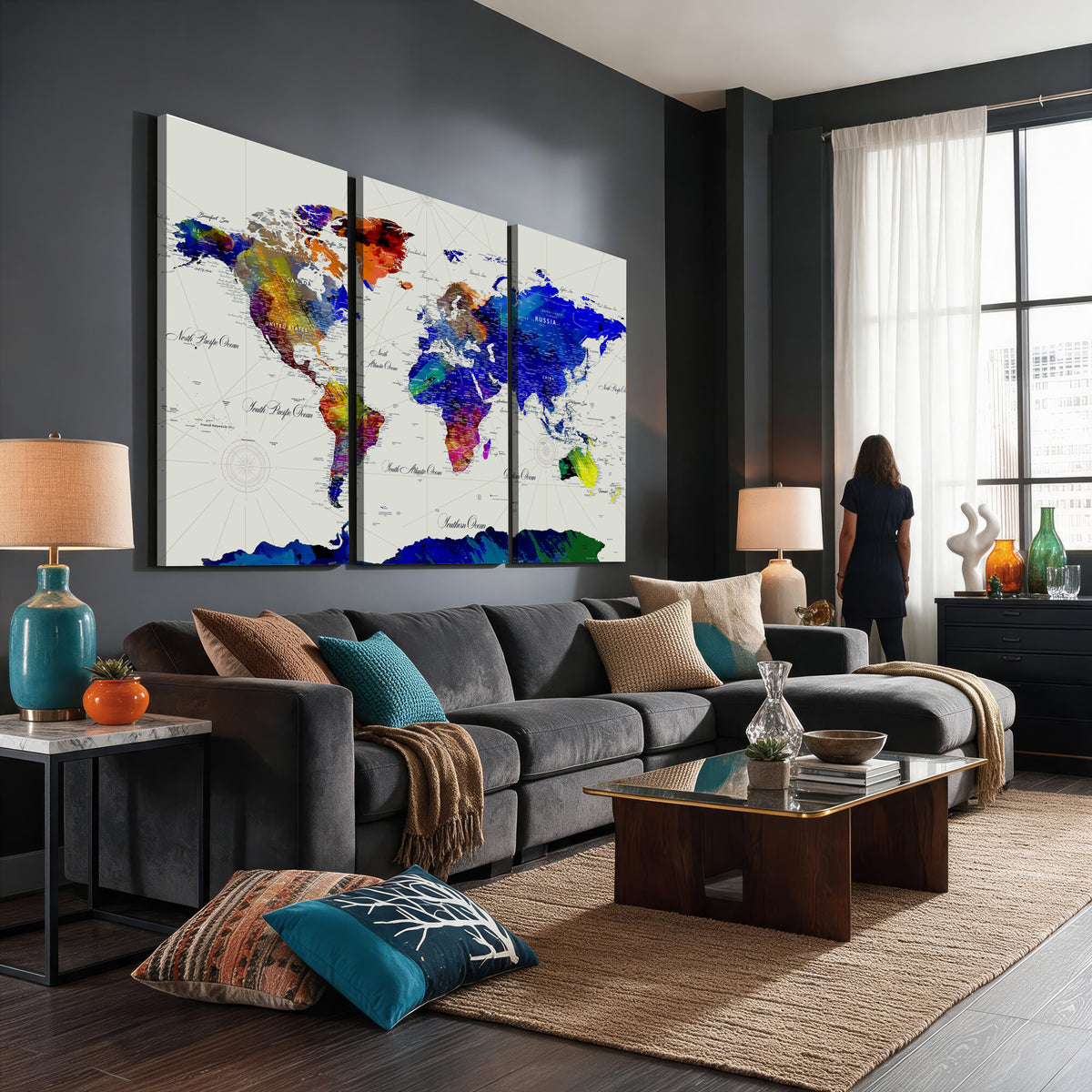 49670038-MGV-CV-36X24 - World Map Wall Art Canvas Print, Modern Decorative Framed Map Artwork Prints for Living Room, Office, Bedroom Wall Decor