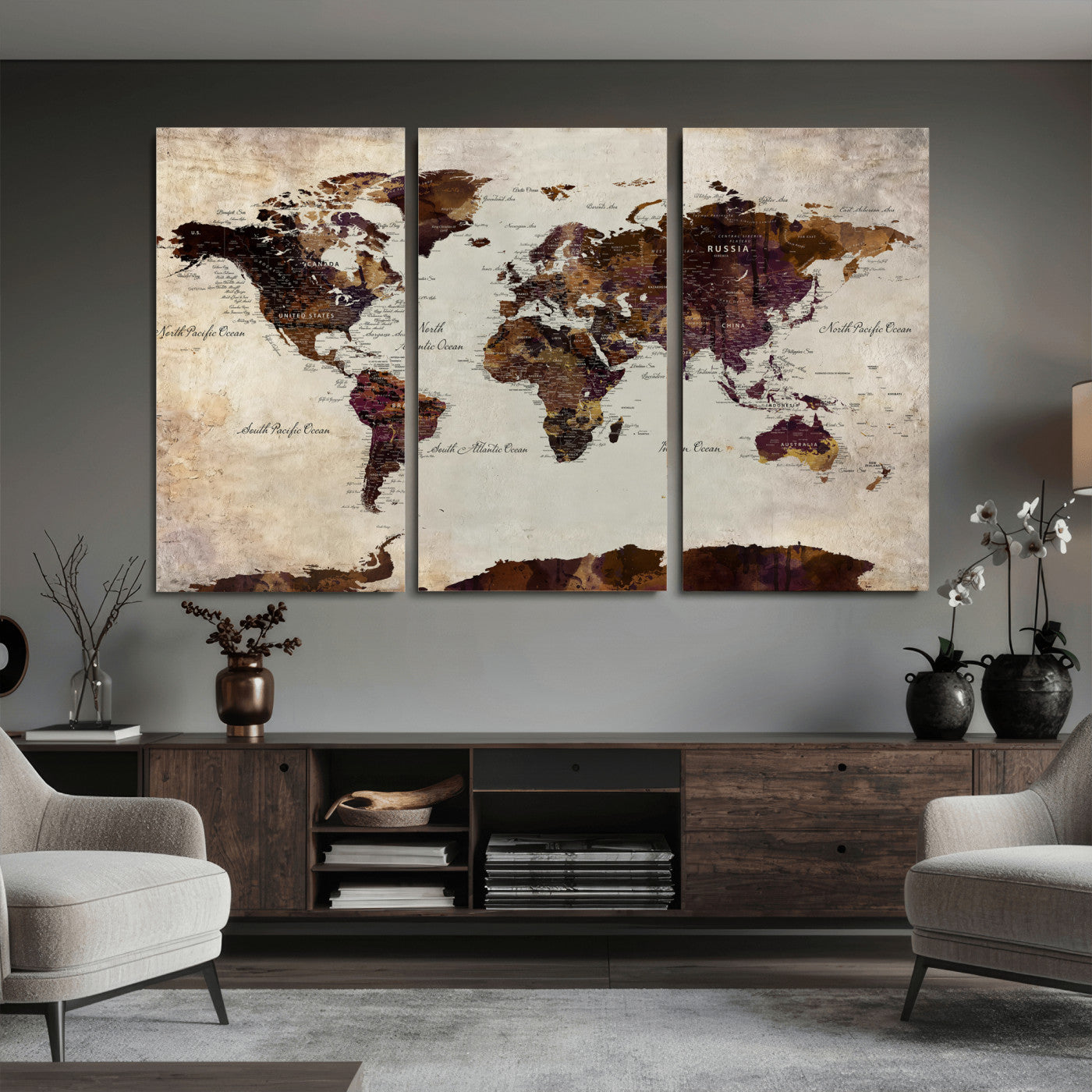 50611123-MGV-CV-36X24 - World Map Canvas Triptych – Colorful Global Wall Art for Living Rooms, Offices, and Study Spaces