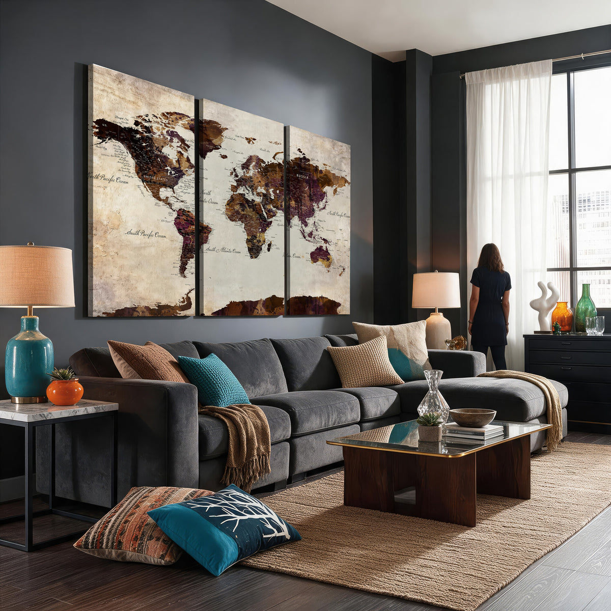 50611123-MGV-CV-36X24 - World Map Canvas Triptych | Colorful Global Wall Art for Living Rooms