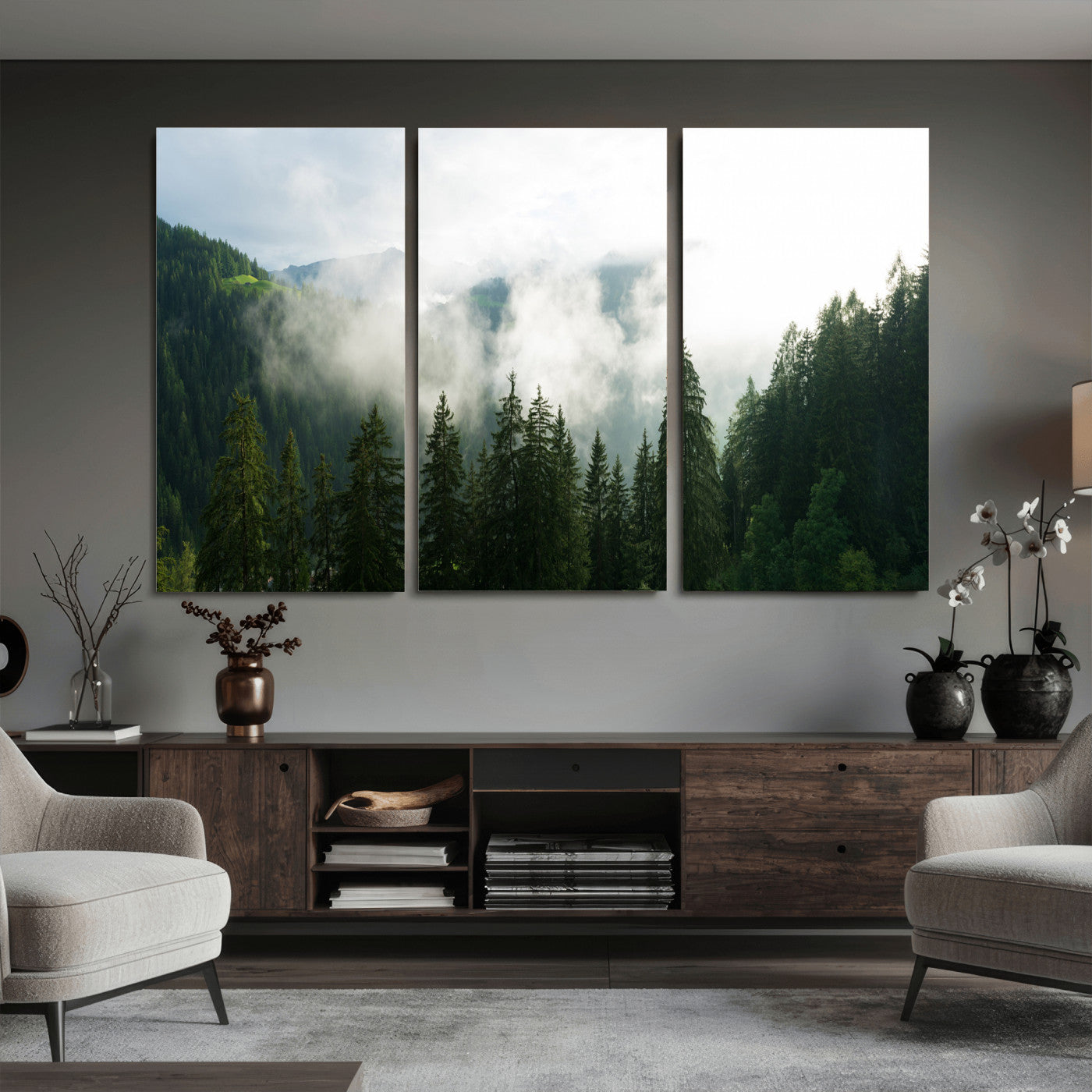 67174129-MGV-CV-36X24 - Misty Mountain Forest Canvas Print, Foggy Pine Trees Nature Wall Art, Framed Canvas Ready to Hang