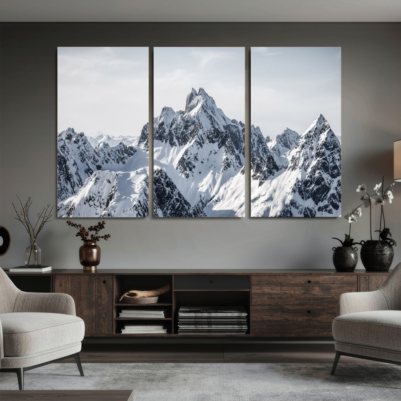 33126265-MGV-CV-36X24 - Snowy Mountain Range Canvas Print, Alpine Peaks Landscape Wall Art, Framed Canvas Ready to Hang