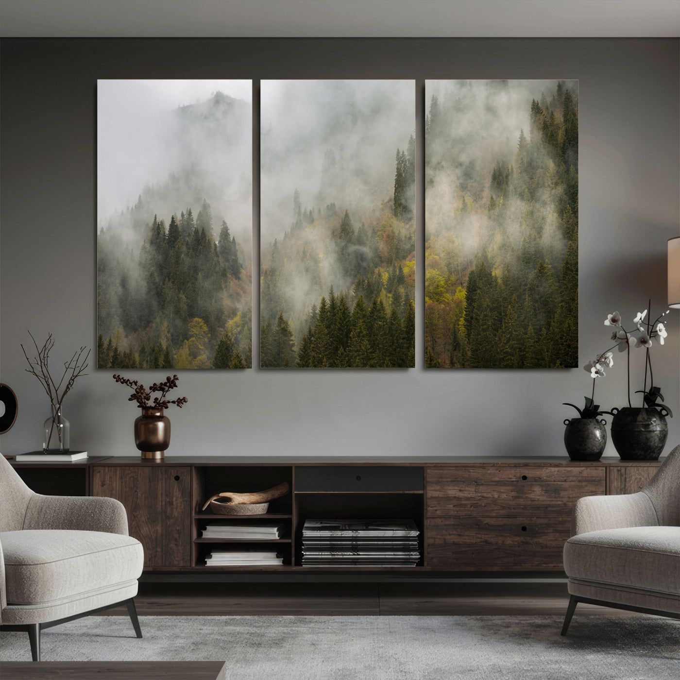 31152954-MGV-CV-36X24 - Misty Mountain Forest Canvas Print, Foggy Pine Trees Nature Wall Art, Framed Canvas Ready to Hang