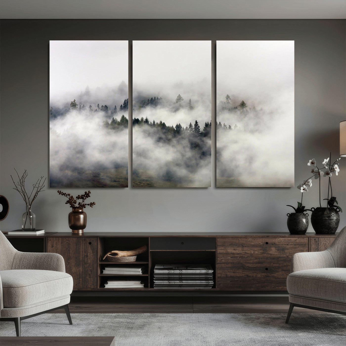 63235457-MGV-CV-36X24 - Foggy Forest Wall Art Canvas Print, Misty Pine Tree Landscape Wall Art Print, Framed Wall Art Ready to Hang