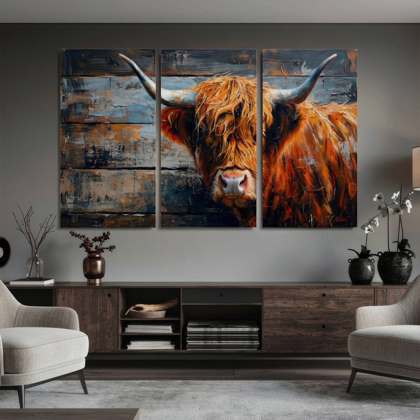 90271423-MGV-CV-36X24 - Highland Cow Wall Art Canvas Print, Abstract Rustic Farm Animal Wall Art Print, Framed Wall Art Ready to Hang
