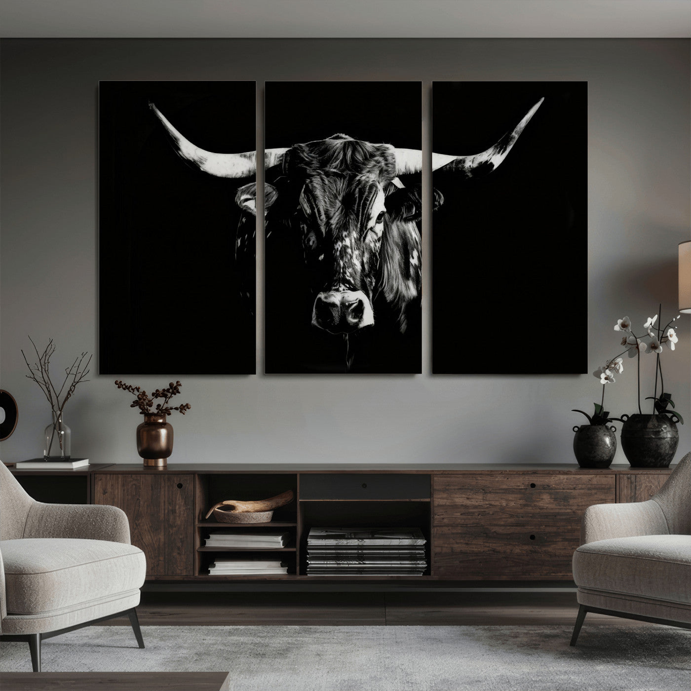 21436434-MGV-CV-36X24 - Black Bull Wall Art Canvas Print, Dark Longhorn Portrait Photography, Framed Wall Art Ready to Hang