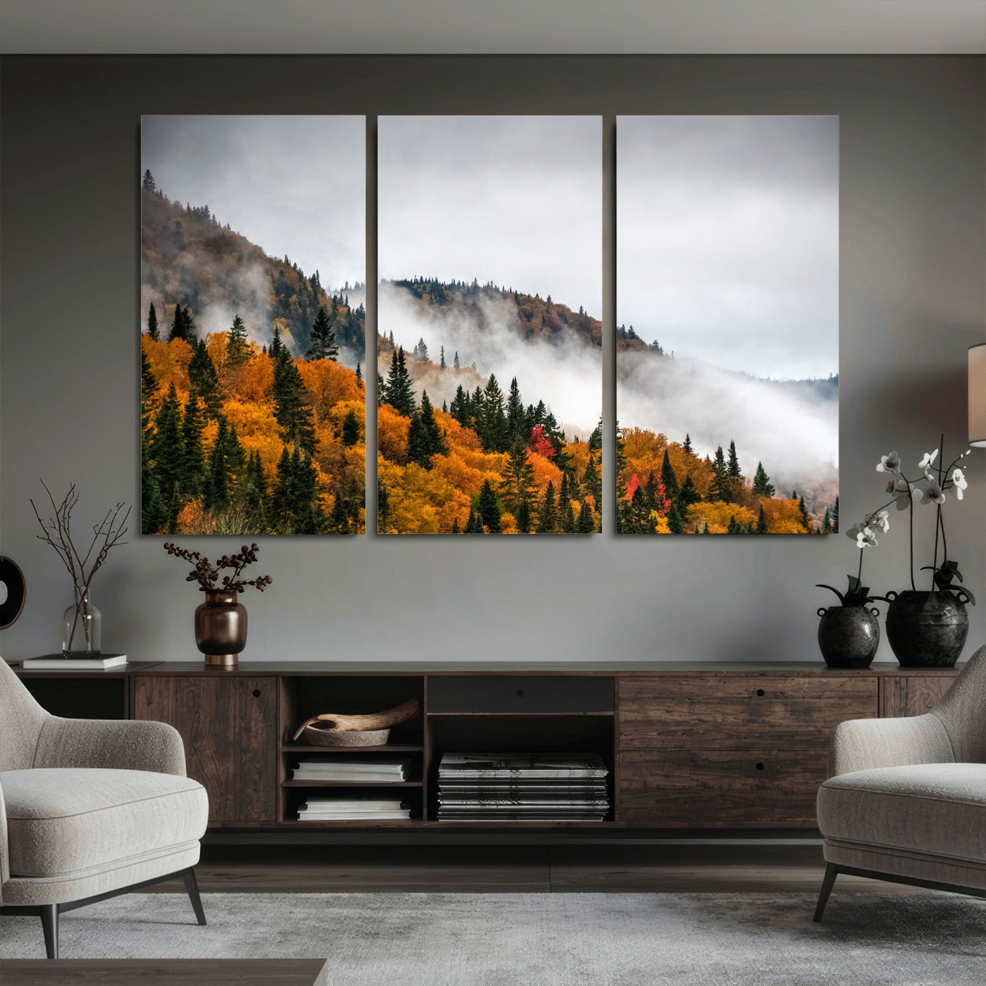 93581632-MGV-CV-36X24 - Autumn Forest Wall Art Canvas Print, Foggy Mountain Landscape Nature Photography, Framed Wall Art Ready to Hang