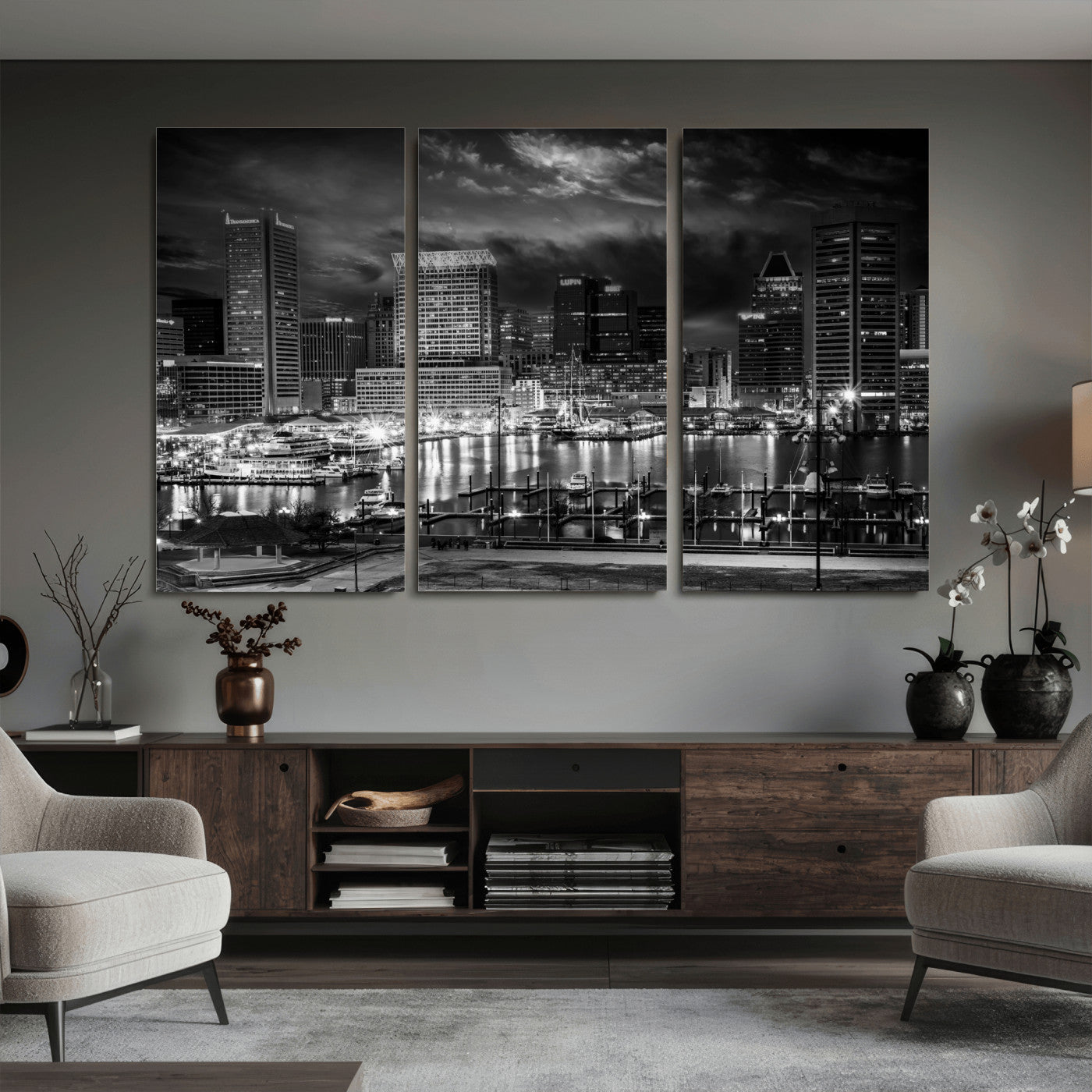 79755655-MGV-CV-36X24 - Baltimore Skyline Wall Art Canvas Print, Baltimore Downtown Night Cityscape Print for Modern Urban Wall Decor