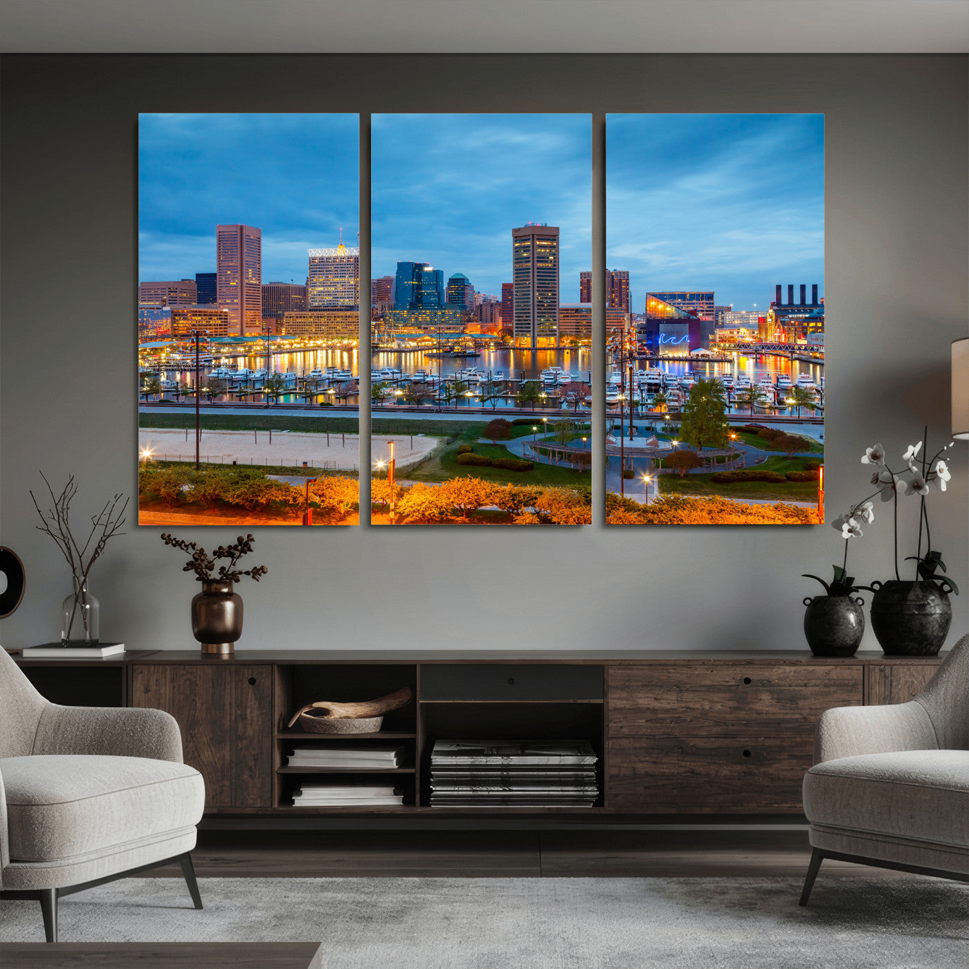 78635089-MGV-CV-36X24 - Baltimore Skyline Wall Art Canvas Print, Baltimore Downtown Night Cityscape Print for Modern Urban Wall Decor