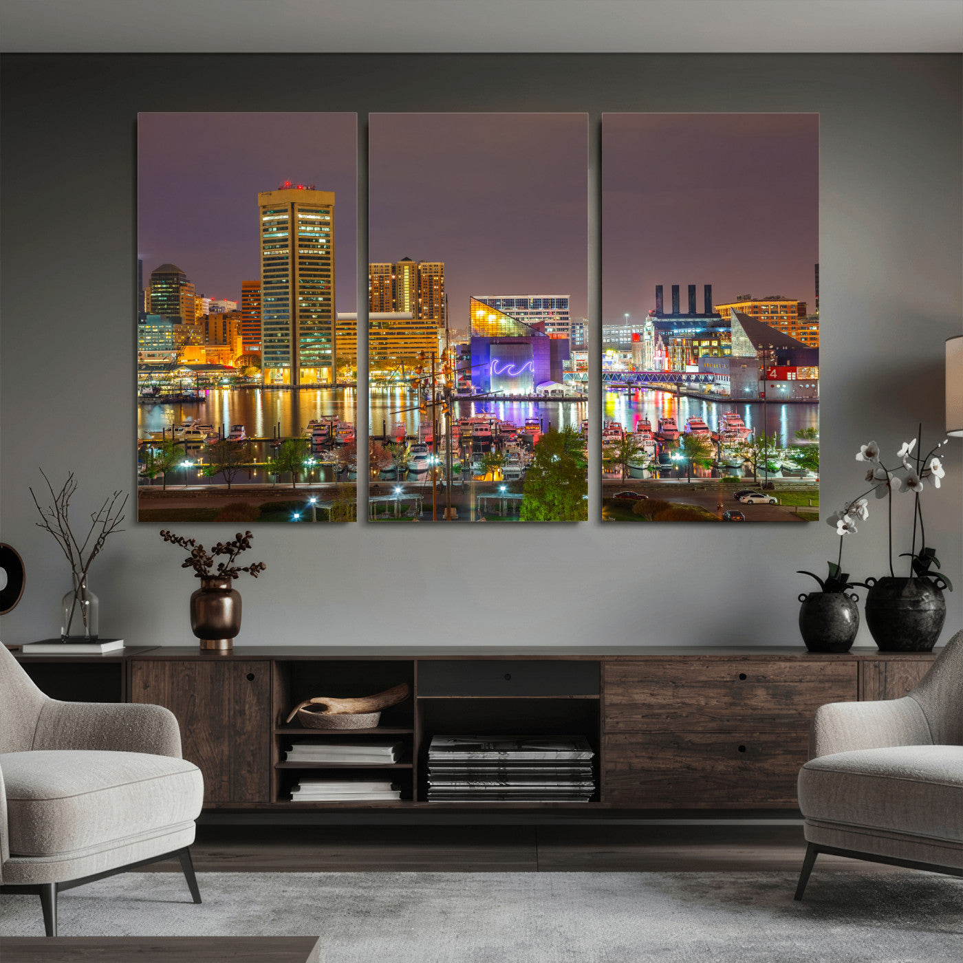 42654823-MGV-CV-36X24 - Baltimore Skyline Wall Art Canvas Print, Baltimore Downtown Night Cityscape Print for Modern Urban Wall Decor