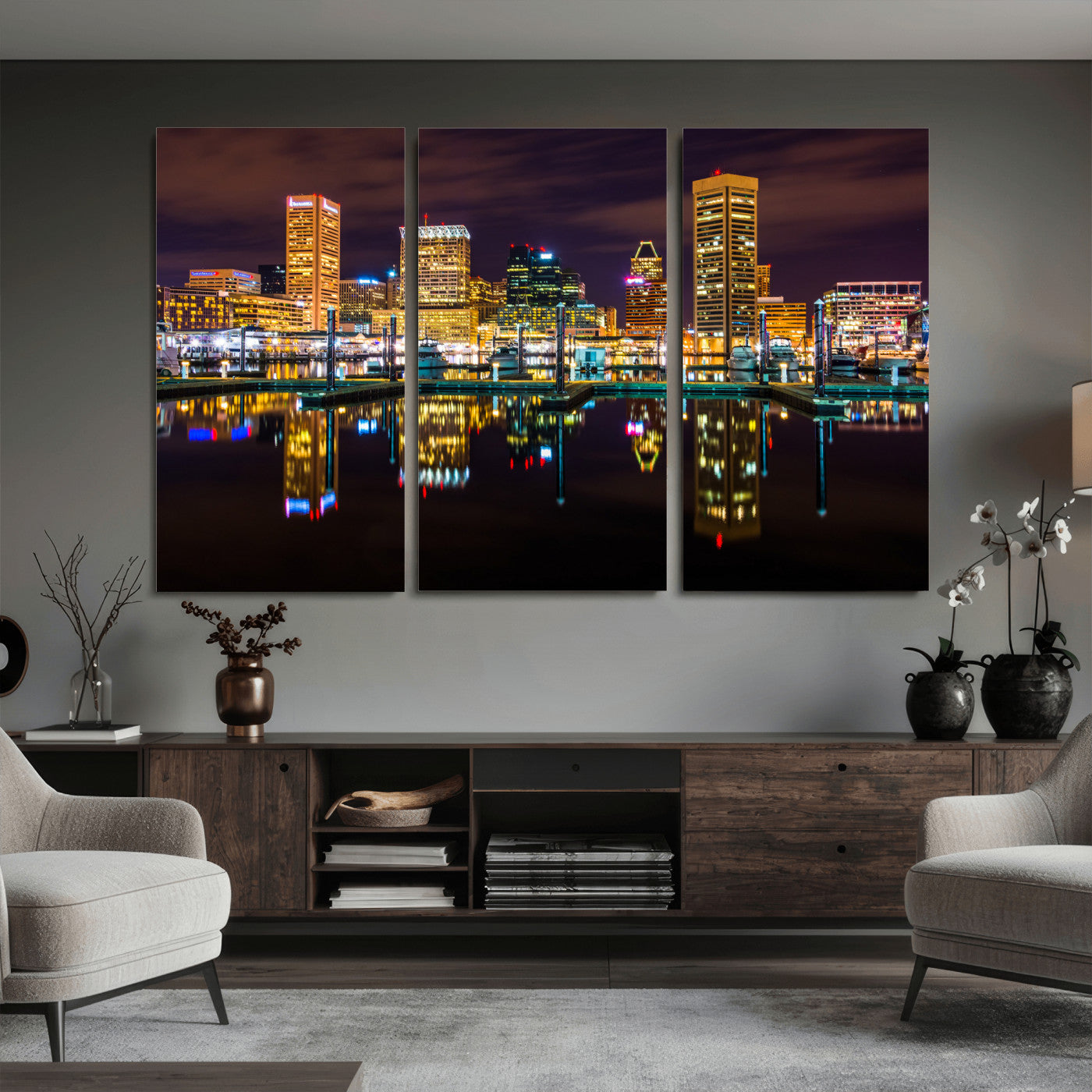 38201692-MGV-CV-36X24 - Baltimore Skyline Wall Art Canvas Print, Baltimore Downtown Night Cityscape Print for Modern Urban Wall Decor
