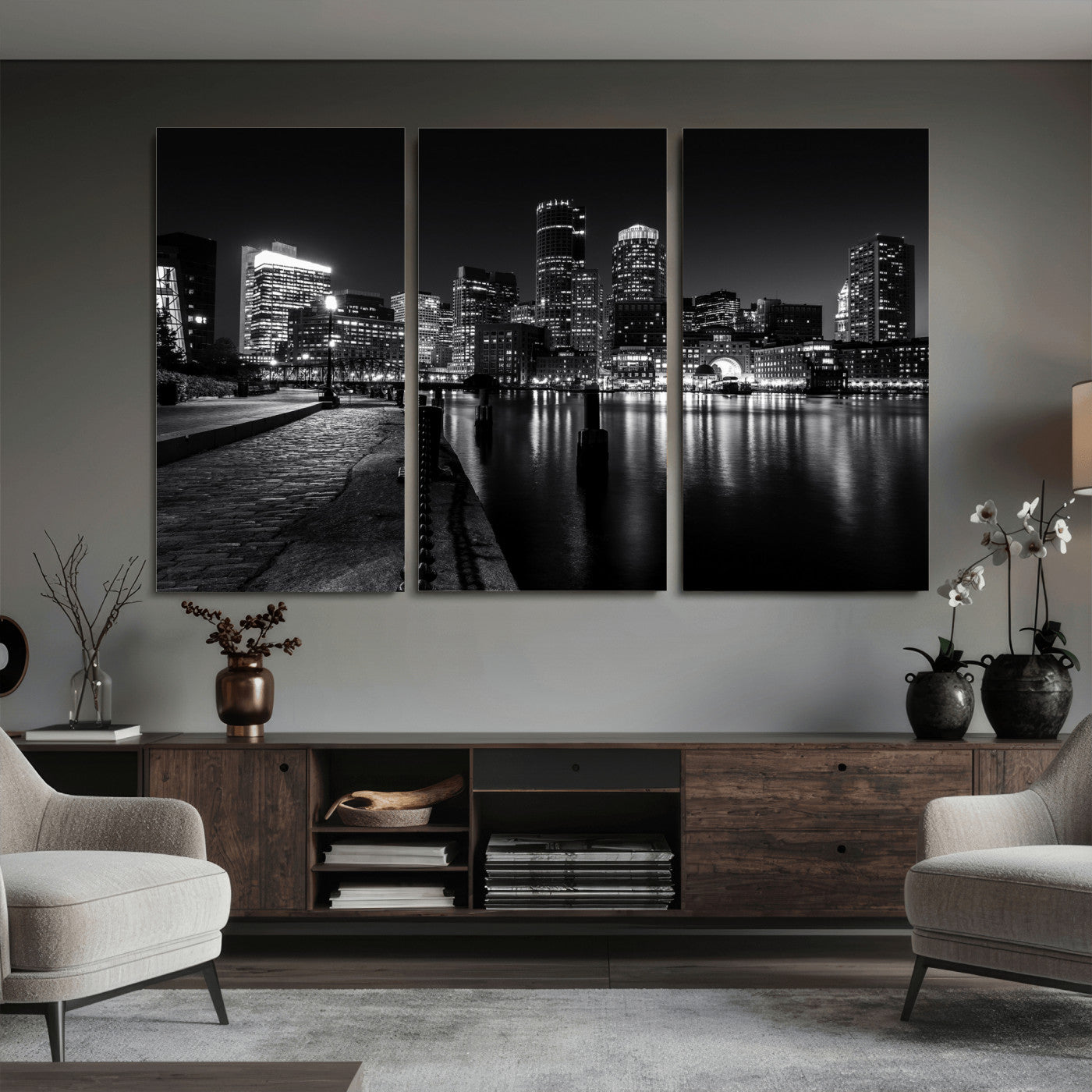 53082656-MGV-CV-36X24 - Boston Wall Art Canvas Print, Boston City Downtown Night Cityscape Print for Modern Urban Wall Decor
