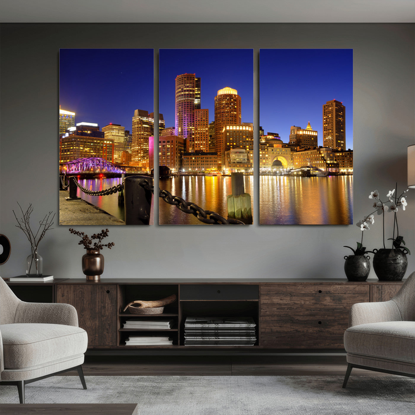 56611117-MGV-CV-36X24 - Boston Wall Art Canvas Print, Boston City Downtown Night Cityscape Print for Modern Urban Wall Decor