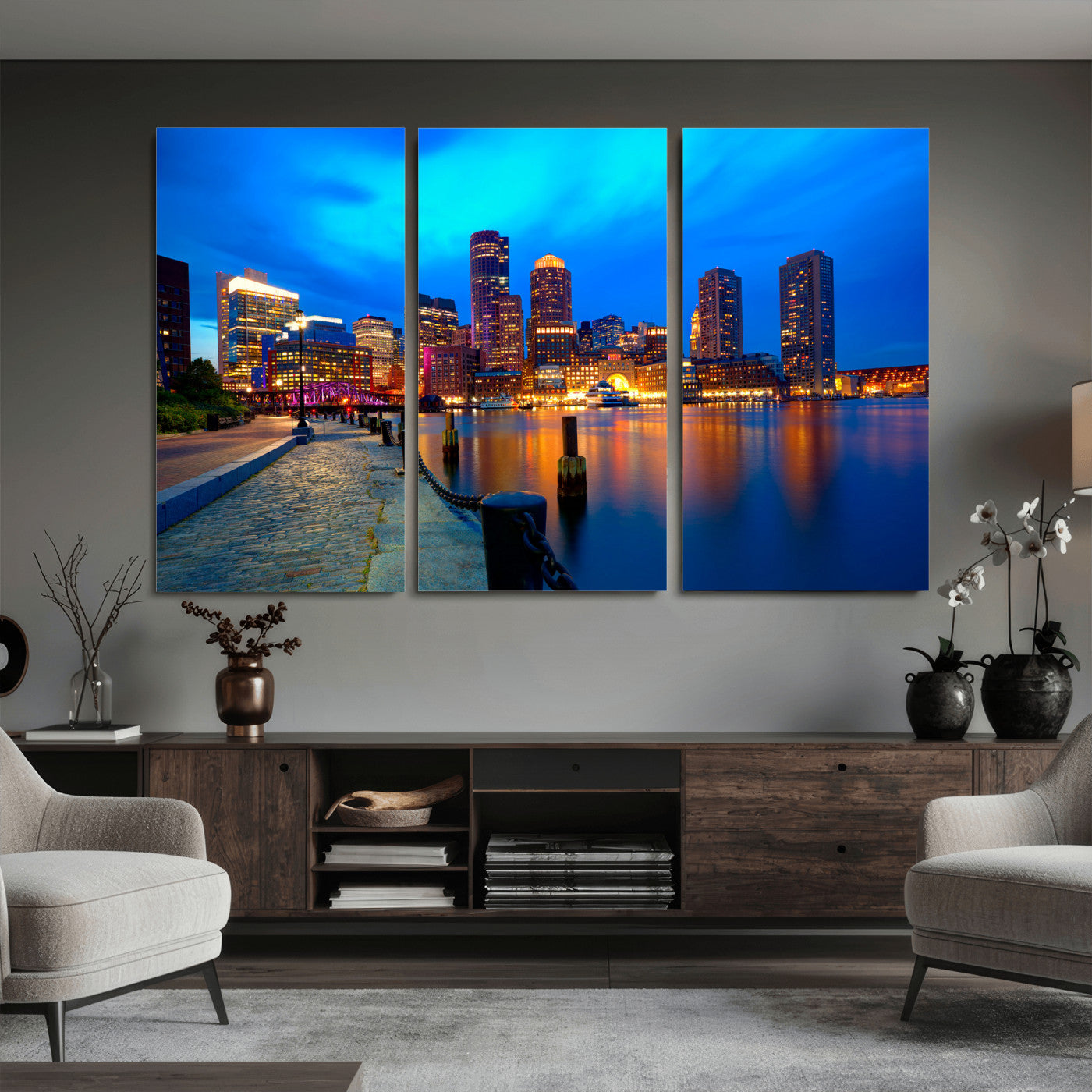 69619565-MGV-CV-36X24 - Boston Wall Art Canvas Print, Boston City Downtown Night Cityscape Print for Modern Urban Wall Decor