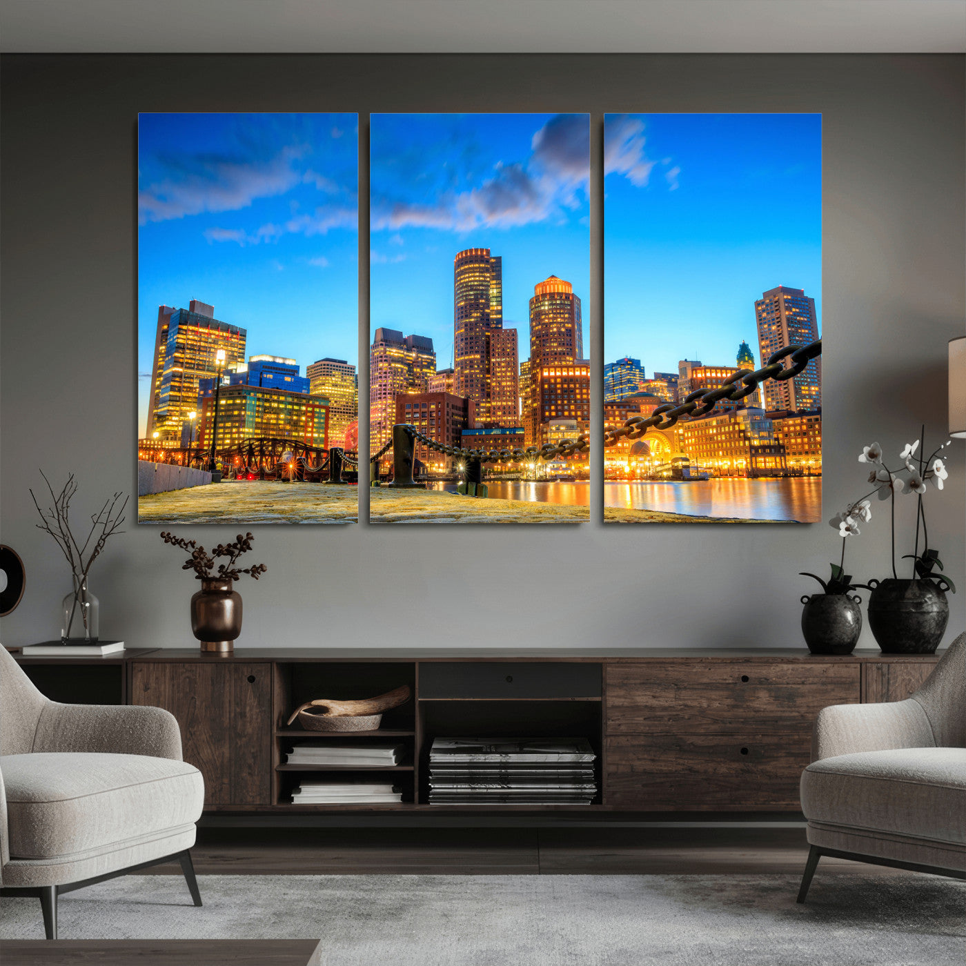 46736409-MGV-CV-36X24 - Boston Wall Art Canvas Print, Boston City Downtown Night Cityscape Print for Modern Urban Wall Decor