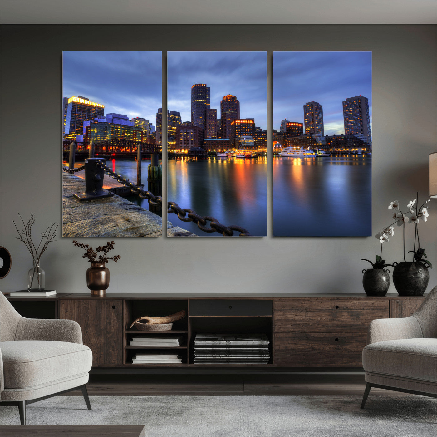 82439622-MGV-CV-36X24 - Boston Wall Art Canvas Print, Boston City Downtown Night Cityscape Print for Modern Urban Wall Decor