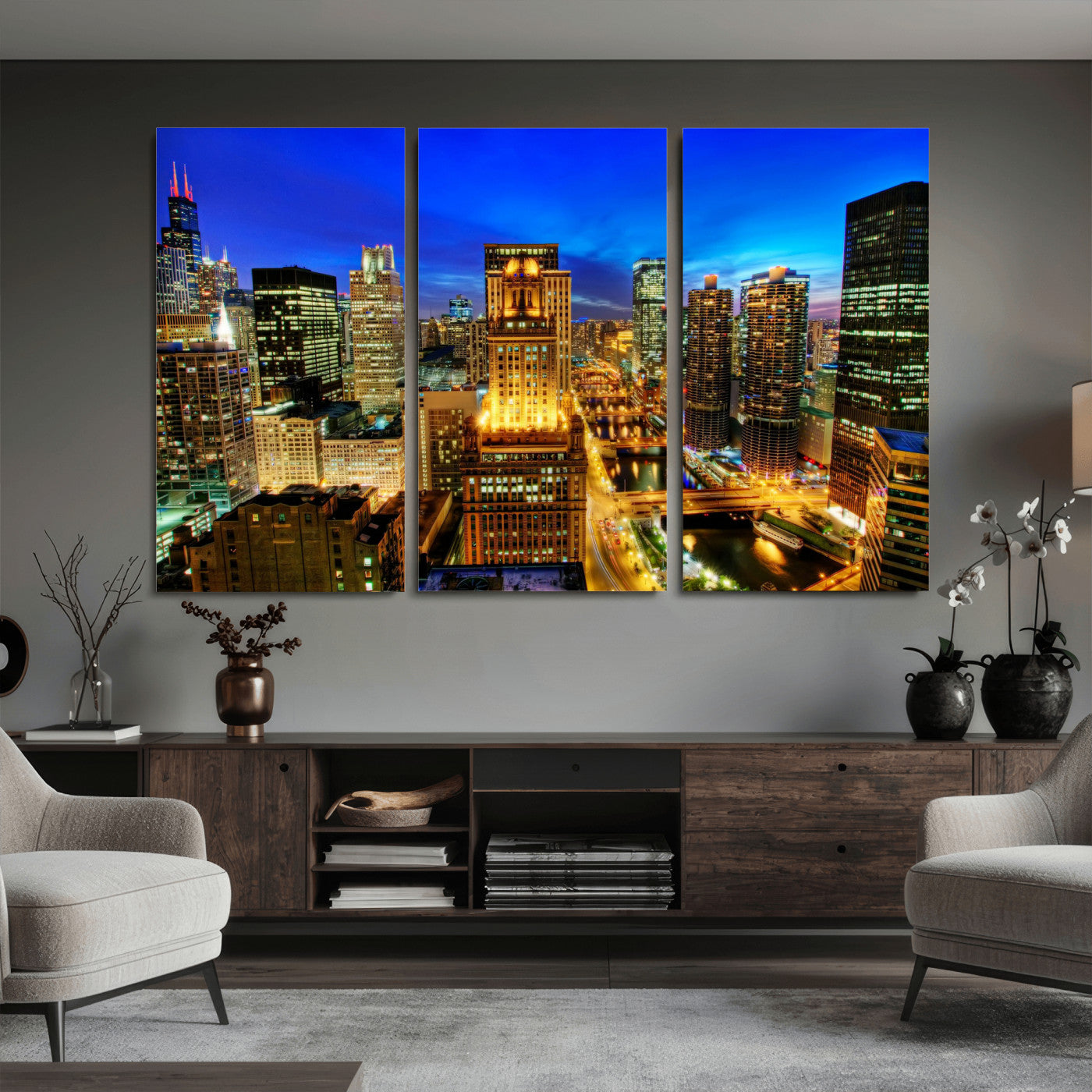 46298885-MGV-CV-36X24 - Chicago Wall Art Canvas Print, Chicago City Downtown Night Cityscape Print for Modern Urban Wall Decor