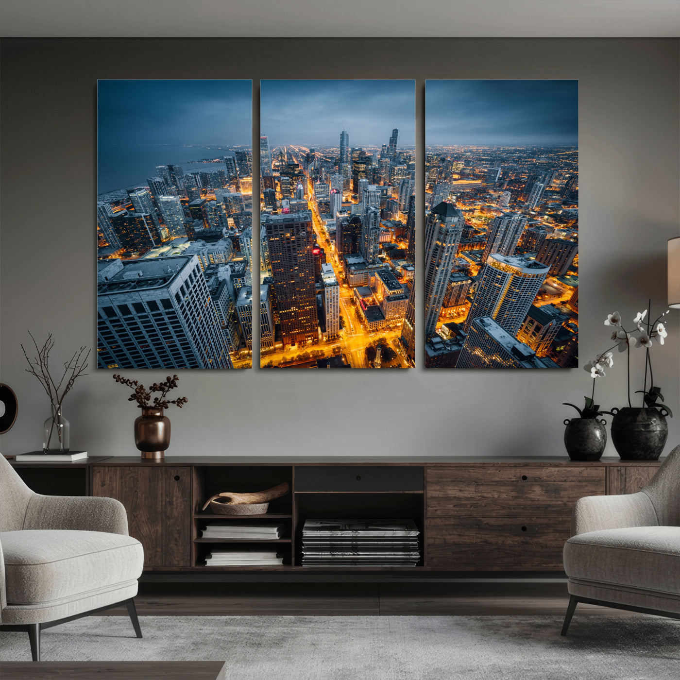 81742538-MGV-CV-36X24 - Chicago Wall Art Canvas Print, Chicago City Downtown Night Cityscape Print for Modern Urban Wall Decor