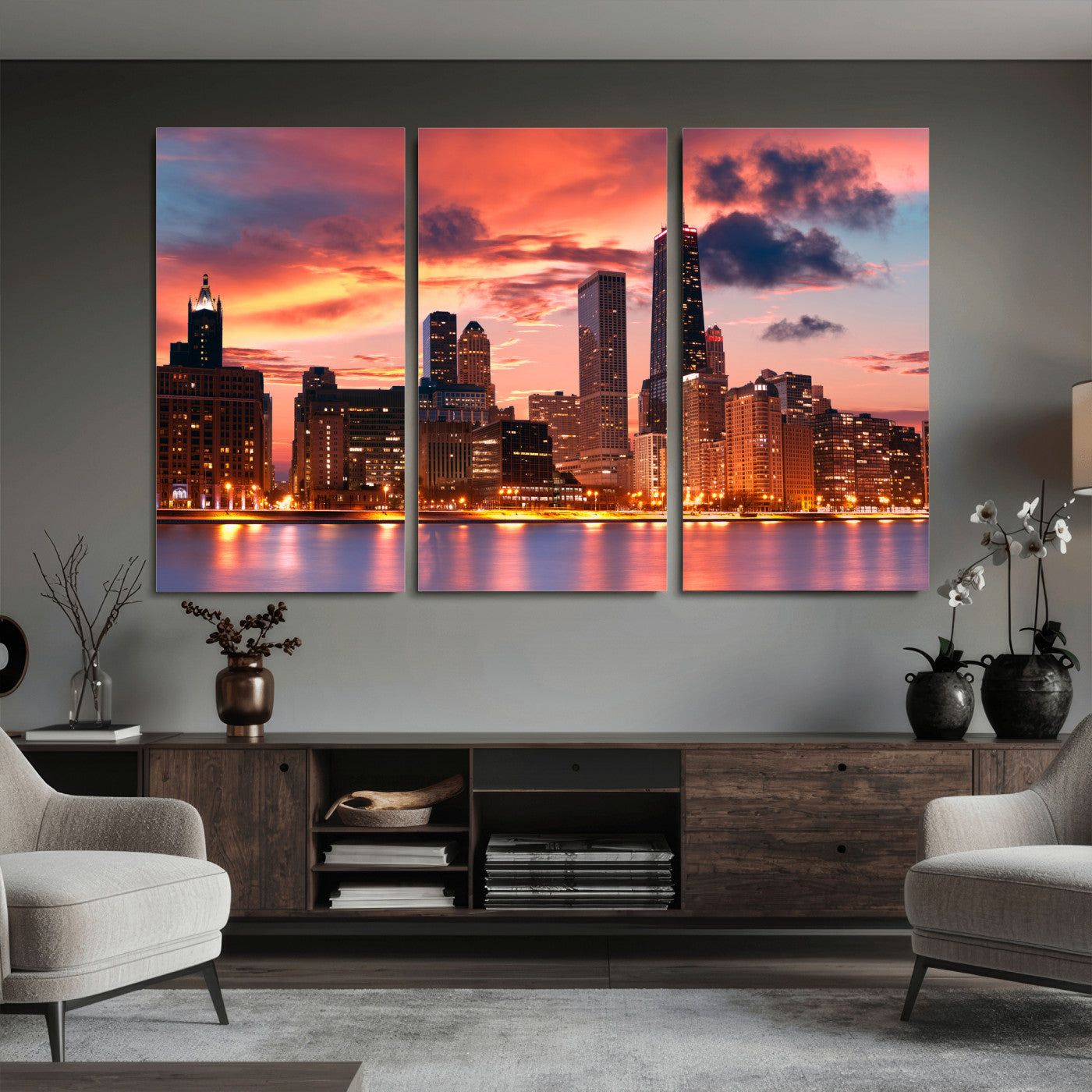 80390109-MGV-CV-36X24 - Chicago Wall Art Canvas Print, Chicago City Downtown Night Cityscape Print for Modern Urban Wall Decor