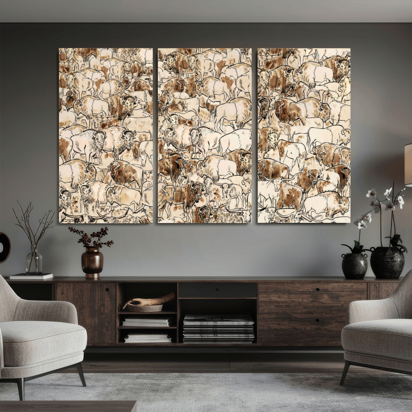 50142019-MGV-CV-36X24 - Farmhouse Animals Wall Art Canvas Print - Abstract Farm Animal Drawing Mid-Century Wall Art for Cabin Decor