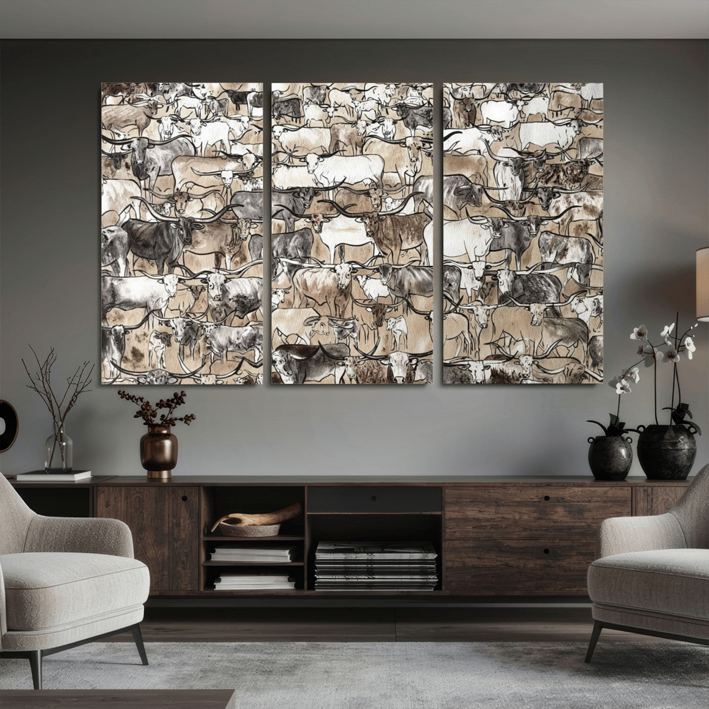 64368752-MGV-CV-36X24 - Farmhouse Animals Wall Art Canvas Print - Abstract Farm Animal Drawing Mid-Century Wall Art for Cabin Decor