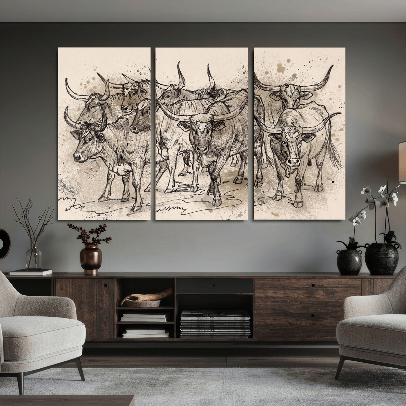 74232558-MGV-CV-36X24 - Farmhouse Animals Wall Art Canvas Print - Abstract Farm Animal Drawing Mid-Century Wall Art for Cabin Decor