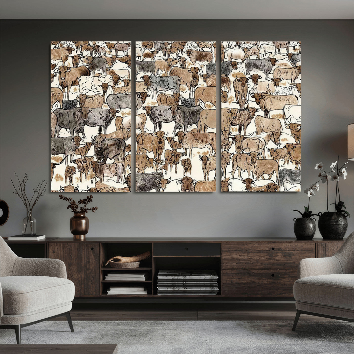 76902119-MGV-CV-36X24 - Farmhouse Animals Wall Art Canvas Print - Abstract Farm Animal Drawing Mid-Century Wall Art for Cabin Decor