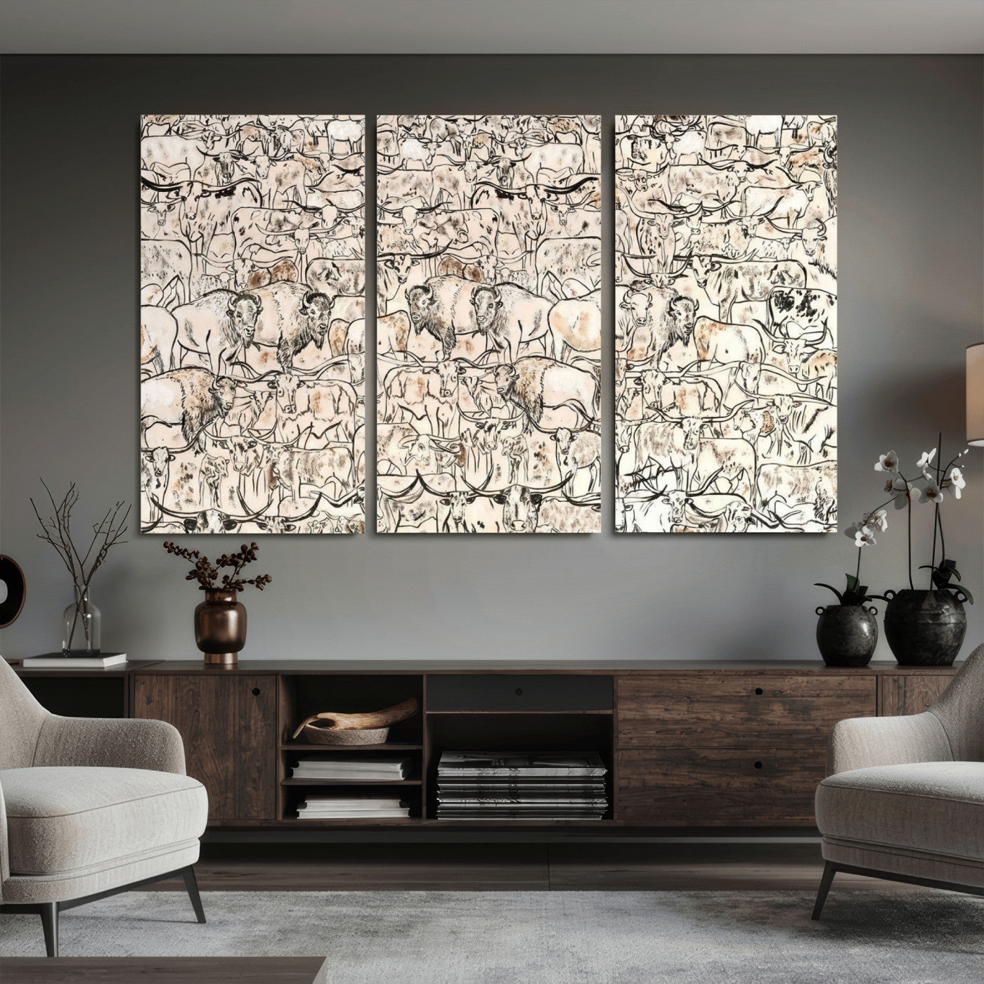 36925875-MGV-CV-36X24 - Farmhouse Animals Wall Art Canvas Print - Abstract Farm Animal Drawing Mid-Century Wall Art for Cabin Decor