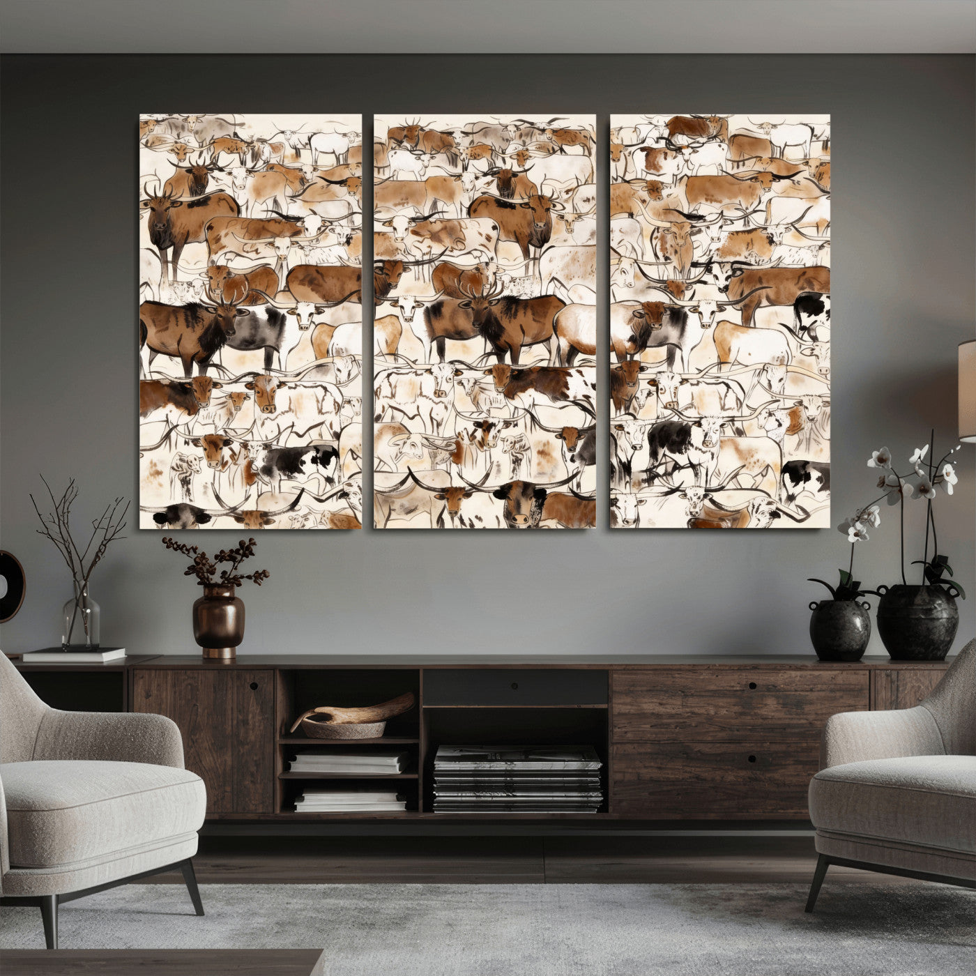 81416572-MGV-CV-36X24 - Farmhouse Animals Wall Art Canvas Print - Abstract Farm Animal Drawing Mid-Century Wall Art for Cabin Decor