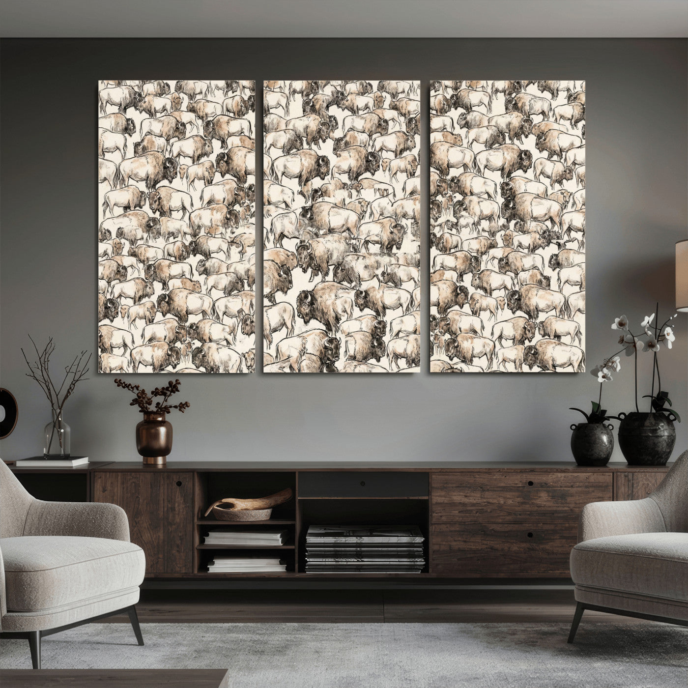 77502929-MGV-CV-36X24 - Farmhouse Animals Wall Art Canvas Print - Abstract Farm Animal Drawing Mid-Century Wall Art for Cabin Decor