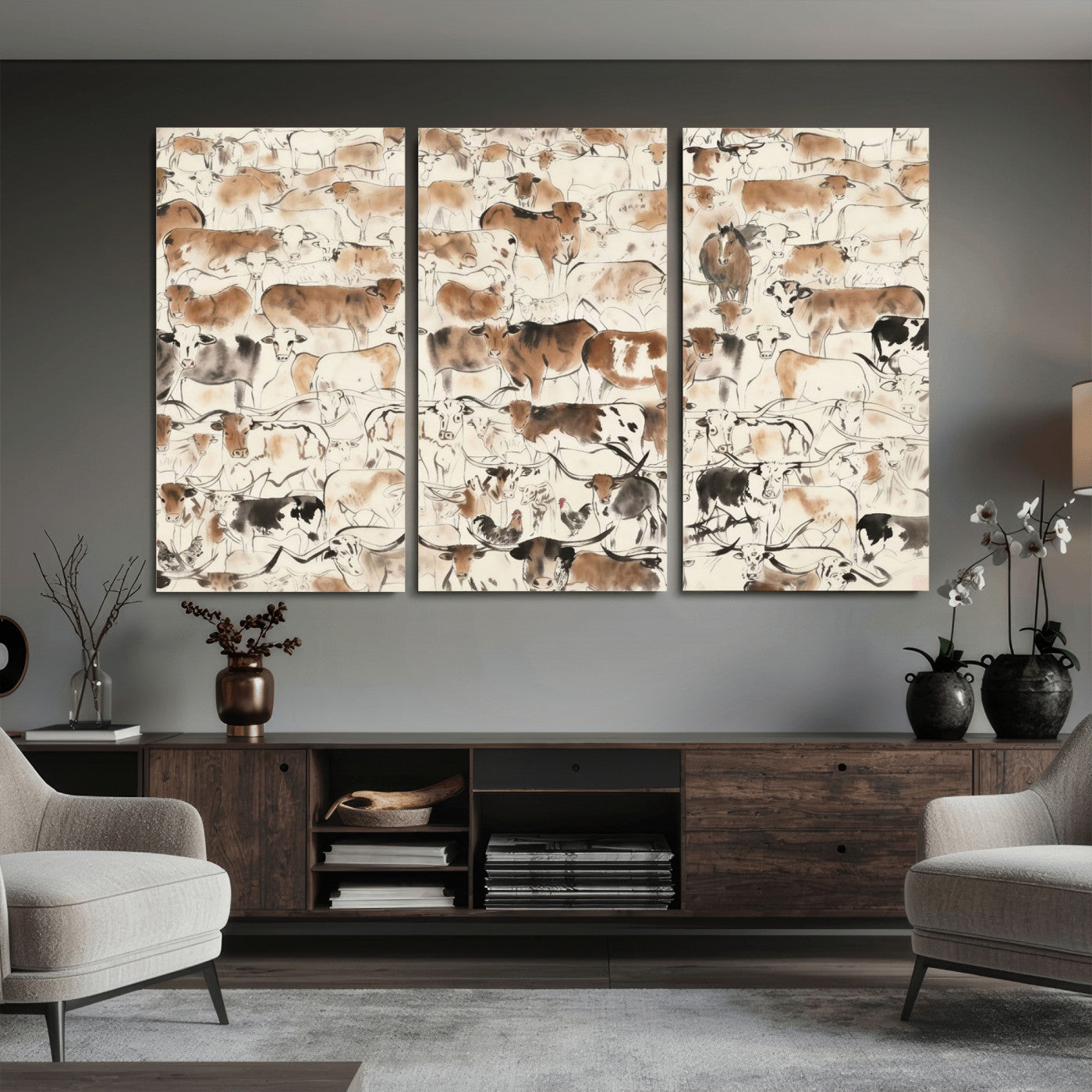 69961368-MGV-CV-36X24 - Farmhouse Animals Wall Art Canvas Print - Abstract Farm Animal Drawing Mid-Century Wall Art for Cabin Decor