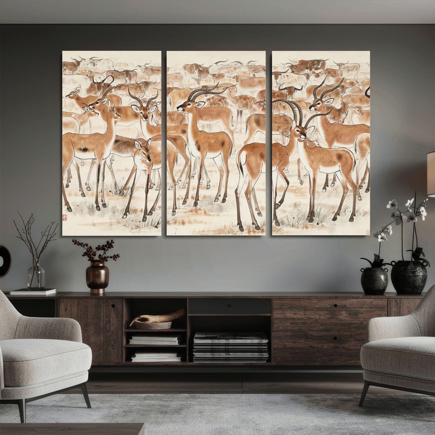 67375088-MGV-CV-36X24 - Farmhouse Animals Wall Art Canvas Print - Abstract Farm Animal Drawing Mid-Century Wall Art for Cabin Decor