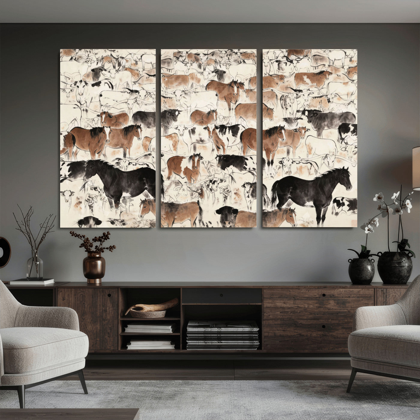 74171578-MGV-CV-36X24 - Farmhouse Animals Wall Art Canvas Print - Abstract Farm Animal Drawing Mid-Century Wall Art for Cabin Decor