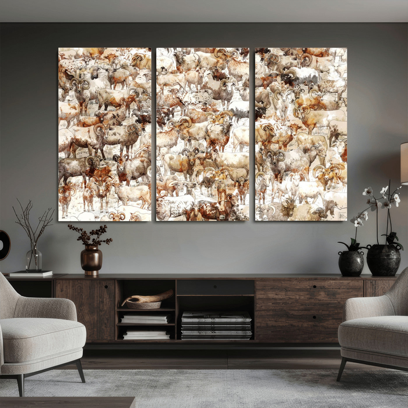 95103864-MGV-CV-36X24 - Farmhouse Animals Wall Art Canvas Print - Abstract Farm Animal Drawing Mid-Century Wall Art for Cabin Decor