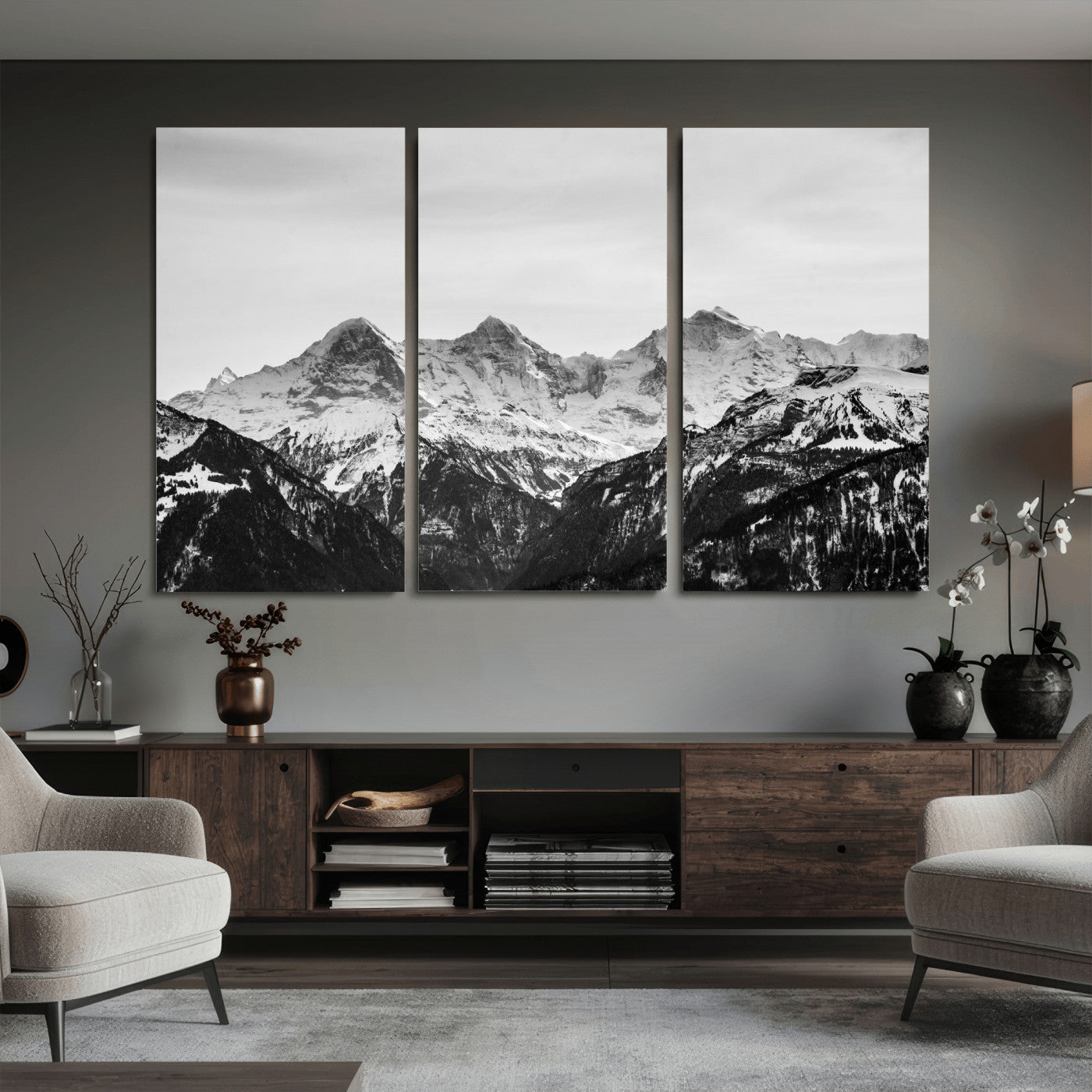 85684934-MGV-CV-36X24 - Black and White Mountain Wall Art Canvas Print, Snowy Alpine Peaks Landscape Photography, Minimal Monochrome Mountain Art, Scenic Nature Wall Decor