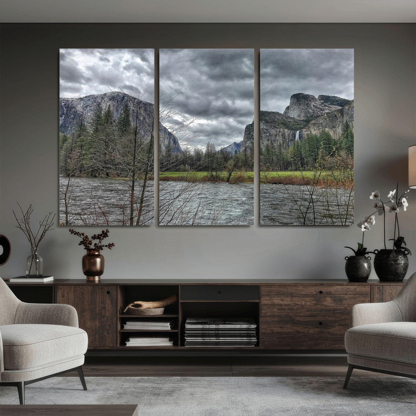 75582552-MGV-CV-36X24 - Yosemite Valley River Landscape Wall Art Canvas Print, Granite Cliffs Forest River Canvas Print, California National Park Moody Scenic Art Printi