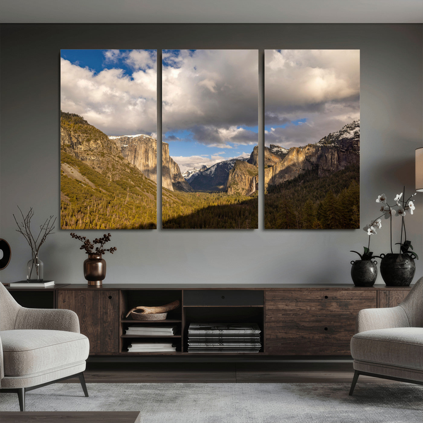 51451302-MGV-CV-36X24 - Yosemite Valley Mountain Landscape Wall Art Canvas Print, Granite Cliff Forest Valley Canvas Print, California National Park Scenic Art Printing