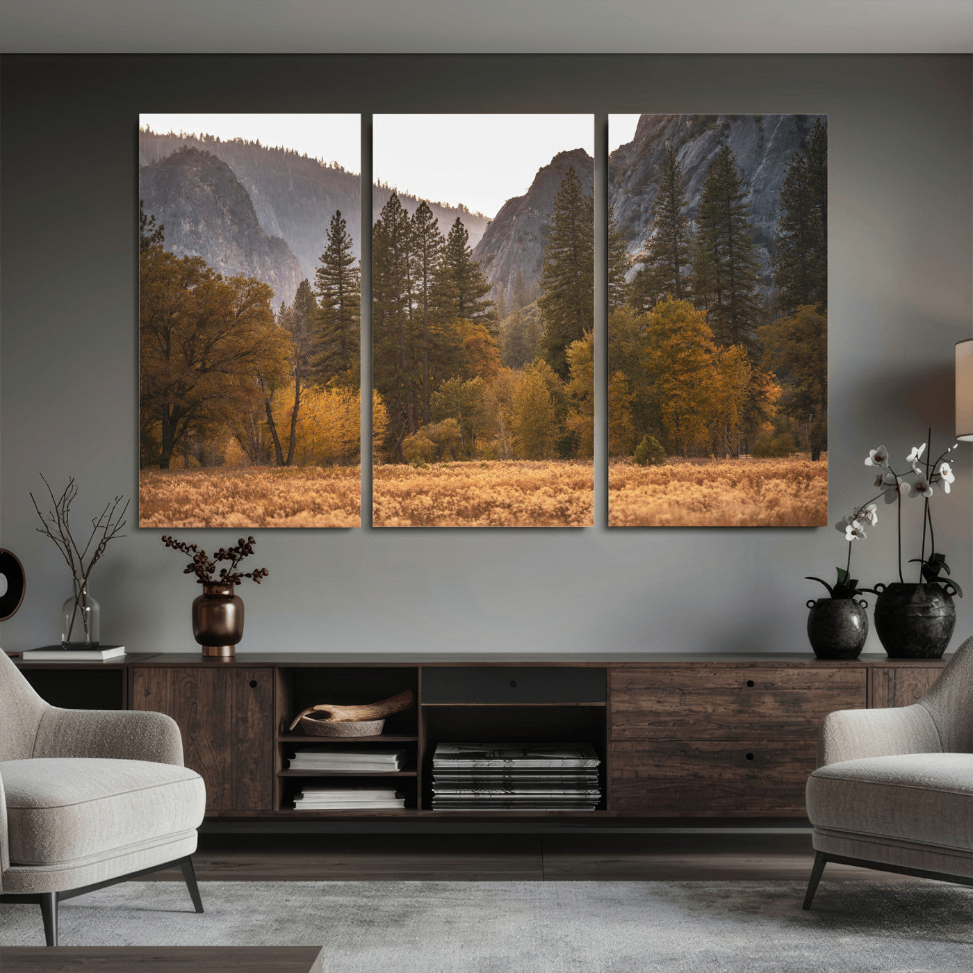 61682763-MGV-CV-36X24 - Yosemite Valley Autumn Forest Landscape Wall Art Canvas Print, Granite Mountain Pine Trees Canvas Print, California National Park Fall Scenic Art Printing