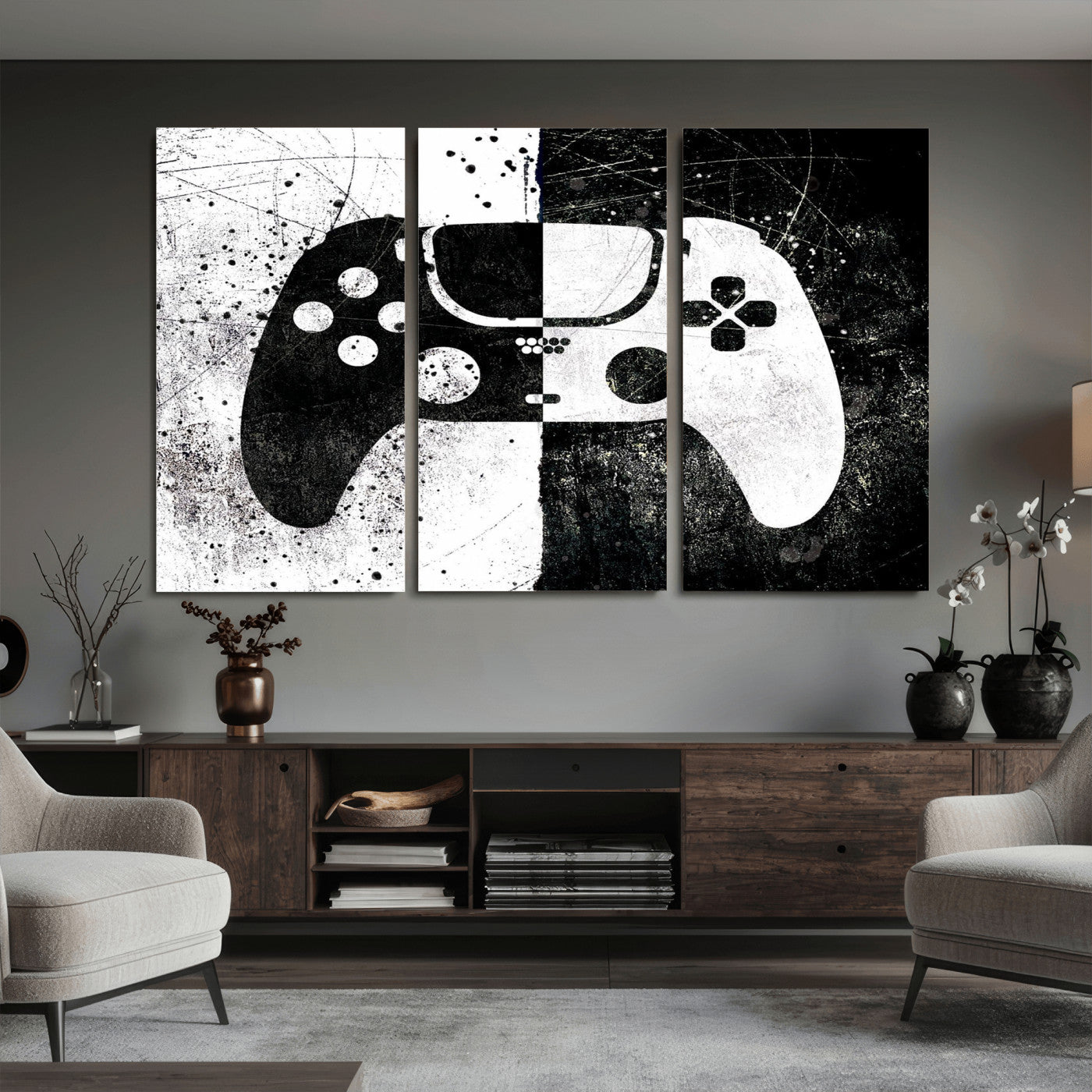 17525128-MGV-CV-36X24 - Abstract Gaming Controller Wall Art Canvas Print, Black White Video Game Controller Modern Canvas Print, Minimal Gamer Graphic Art Printing